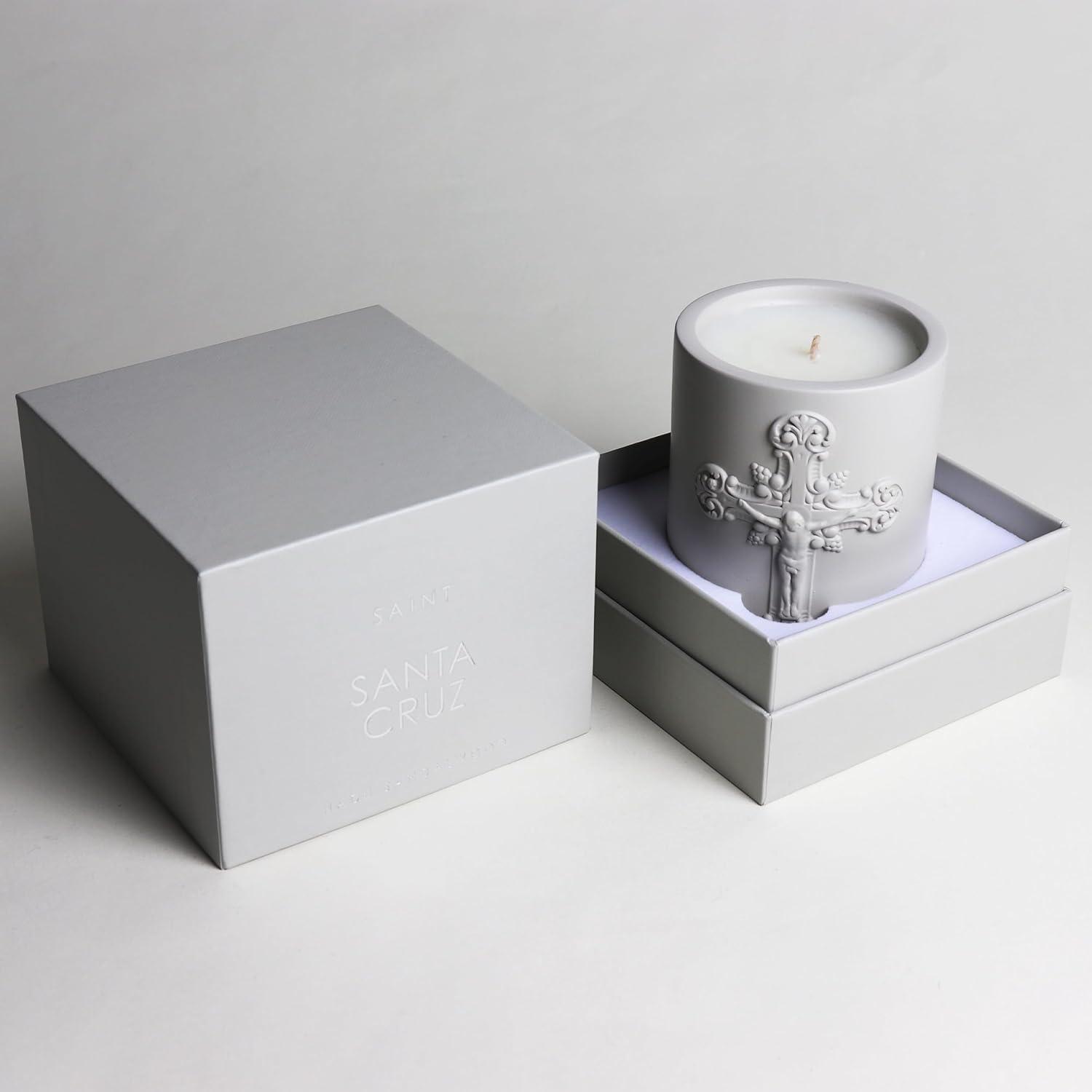 SAINT Santa Cruz Scented Candle with Prayer and Prayer Coin - Nadu Sandalwood in Decorative, Concrete Jar - Soy Coconut Aromatherapy Candle with 80 Hour Burn Time, Special Edition