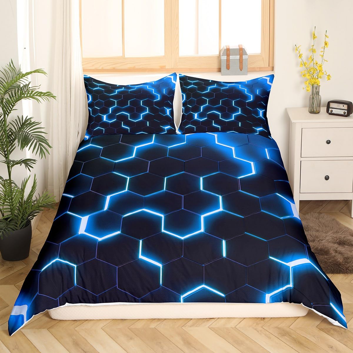 richhome Geometric Honeycomb Duvet Cover Double Size,Hexagon Abstract Bedding Set,Kids Boys Girls Adults Room Decor,Fashion Patchwork Comforter Cover,Blue Black Neon Quilt Cover,2 Pillowcases - Image 4