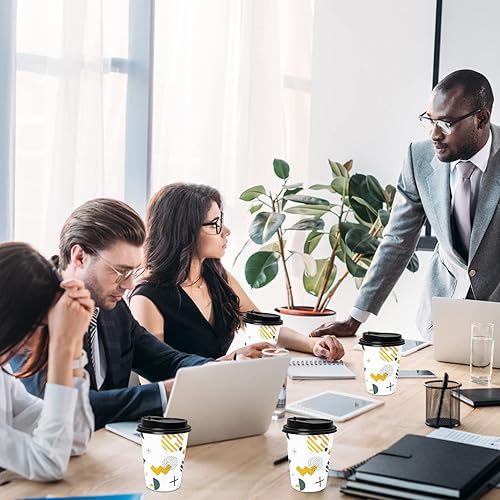 Miniatura 4 de Paquete de 100 tazas de café desechables de 12 onzas, tazas de papel para café con tapas, tazas de café de papel con patrones geométricos para