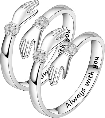 Sterling Silver Hug Rings for Women, Hugging Hands Adjustable Open Ring Engraved Words Ring Symbol of Love Sister Gifts Perfect for Daughters Mom Wife Friends Mother's Day Friendship Jewelry Gift