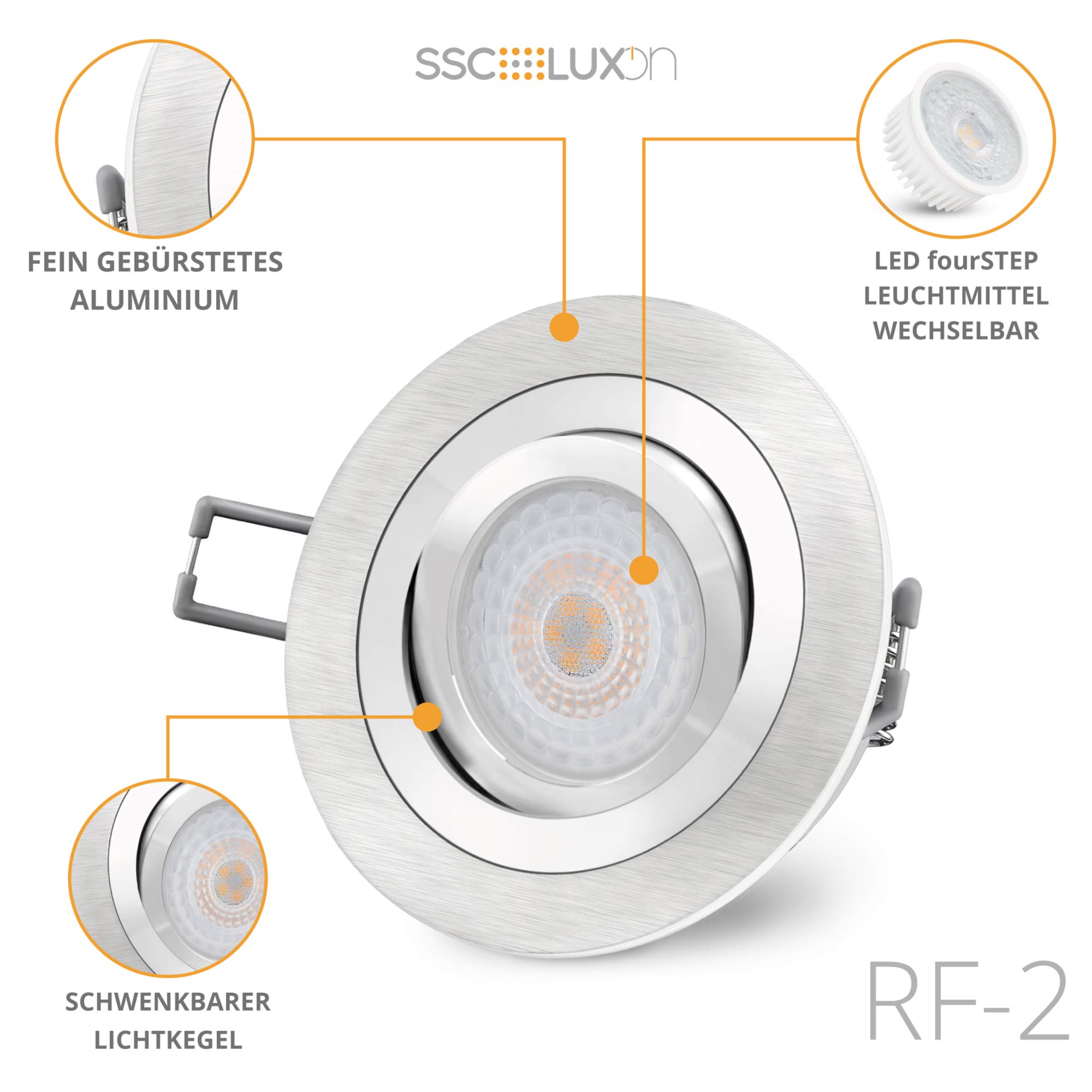 SSC-LUXon RF-2 Einbauleuchte LED flach Set Dimmen ohne Dimmer fourSTEP 4W neutralweiß - 6x Einbaustrahler Alu 230V schwenkbar