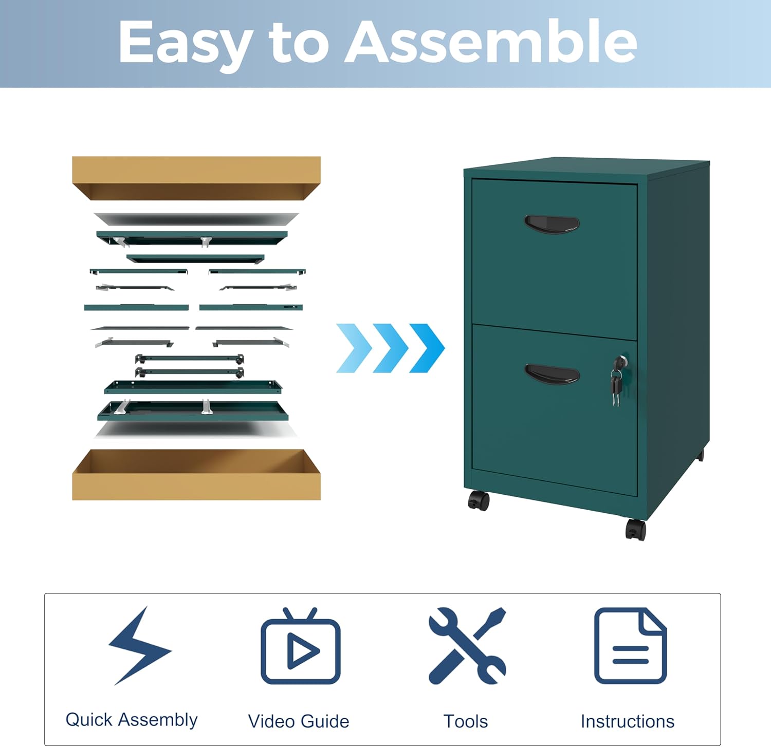 2 Drawer File Cabinet with Lock, Filing Cabinets with Wheels, Rolling File Cabinets for Home Office, Metal Office File Cabinet, Mobile Filing Cabinet for Holding Letters and File Boxes, Green
