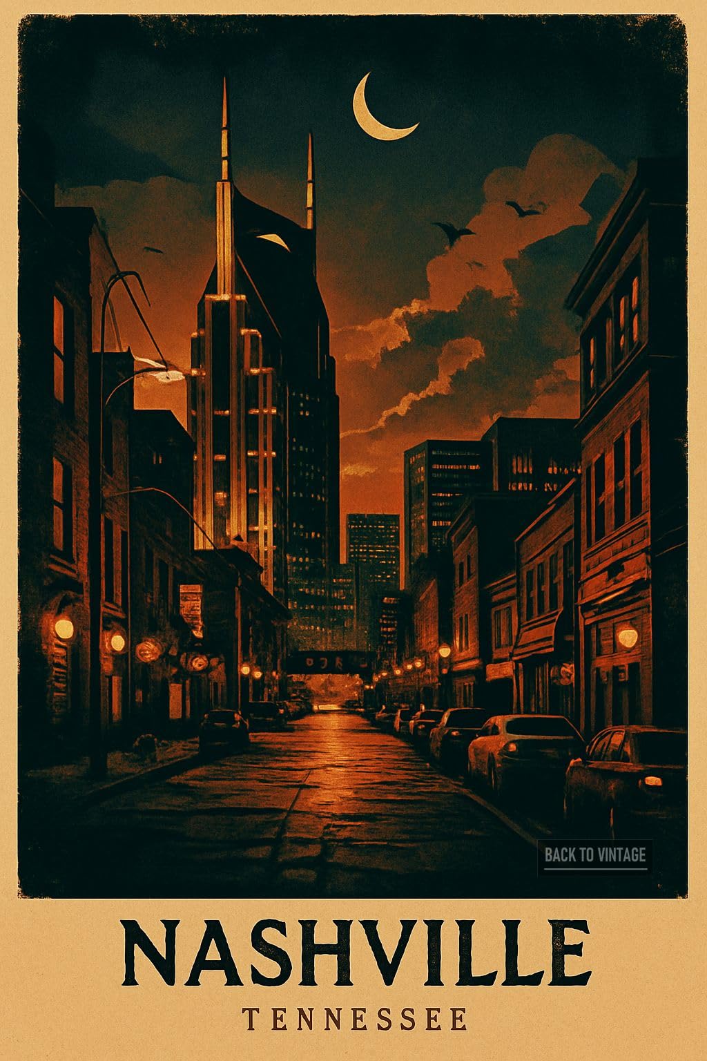 BACK TO VINTAGE Nashville Night Scene - A4 Travel City Poster Wall Art Home Decor Art Print Featuring Iconic Landmarks and Global Destinations for Interiors Inspired by Culture and Exploration