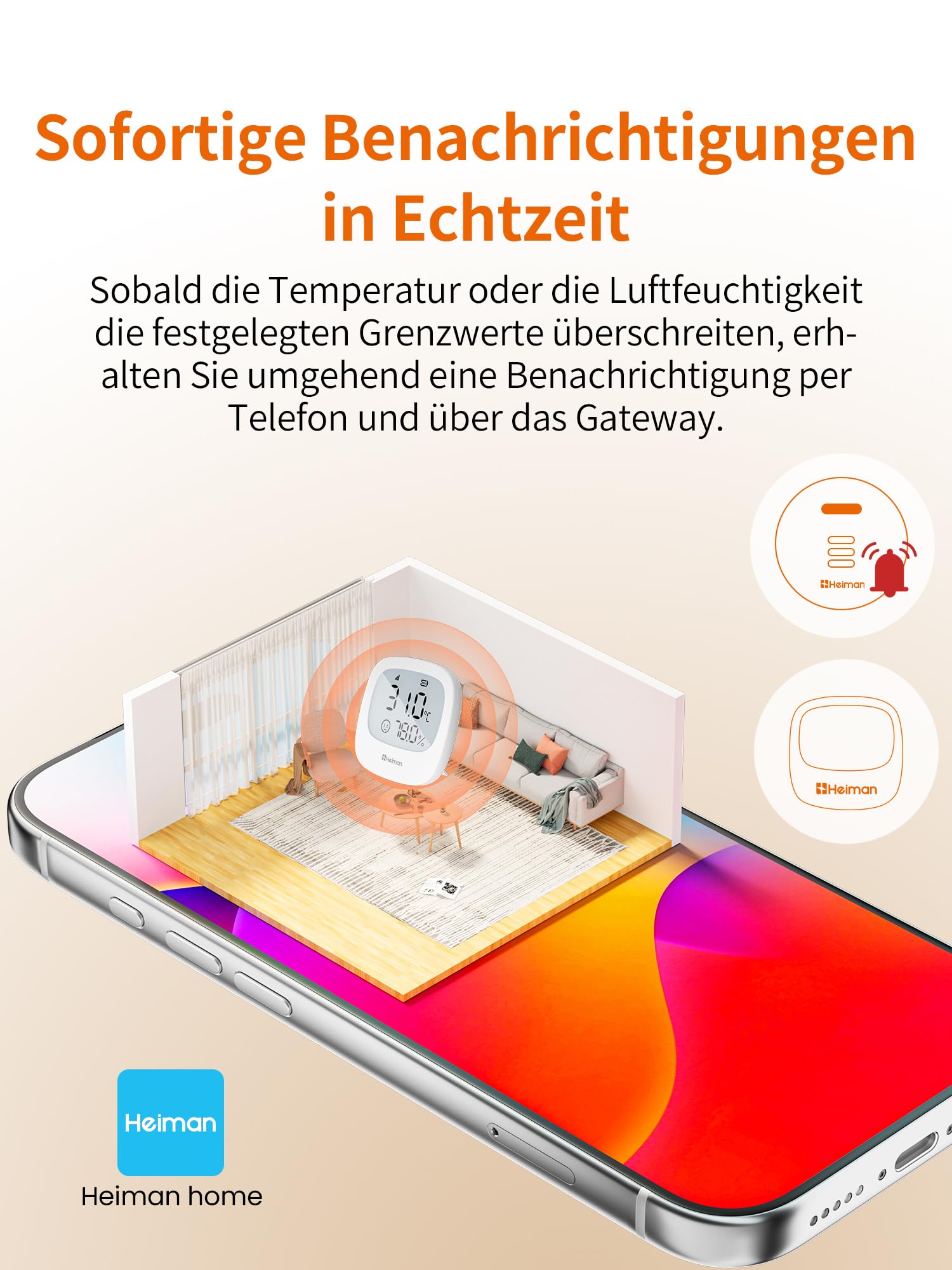 Heiman Smart Thermometer Hygrometer Innen HS3HT-2R mit Heiman Gateway | 3x Thermo-Hygrometer mit LCD, Raumklima-Monitoring per App, Datenexport, kompatibel mit Google Home, IFTTT & Home Assistant