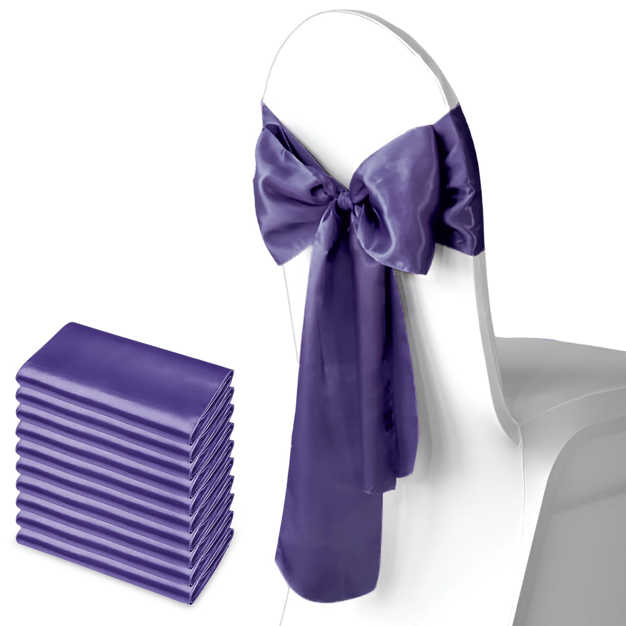 Trimming Shop Dark Purple Satin Chair Sash Wider Fuller Bows Chair Sashes Hammed Edges Bow Back Tie for Wedding Birthday Party Banquet Event Decoration, 10pcs