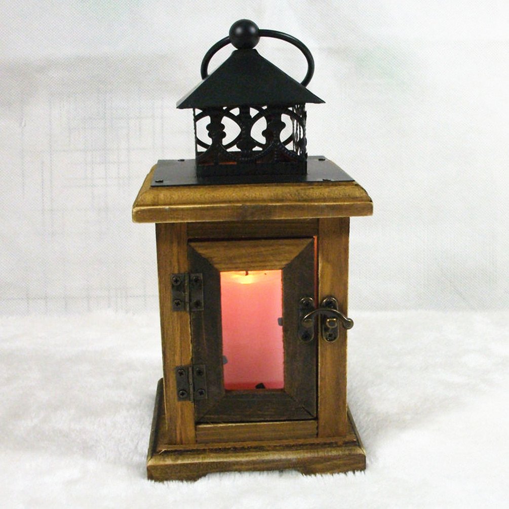 TentHome Vintage Wooden Lantern with Metal Roof Handle Rustic Candle Holder Tealight Decoration Candelabra (A) — image 1