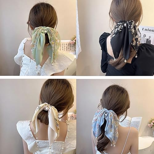 Miniatura 2 de 4 coleteros con lazo, color negro y beige, accesorios para el cabello para mujeres y niñas con lazos y bandas para el cabello