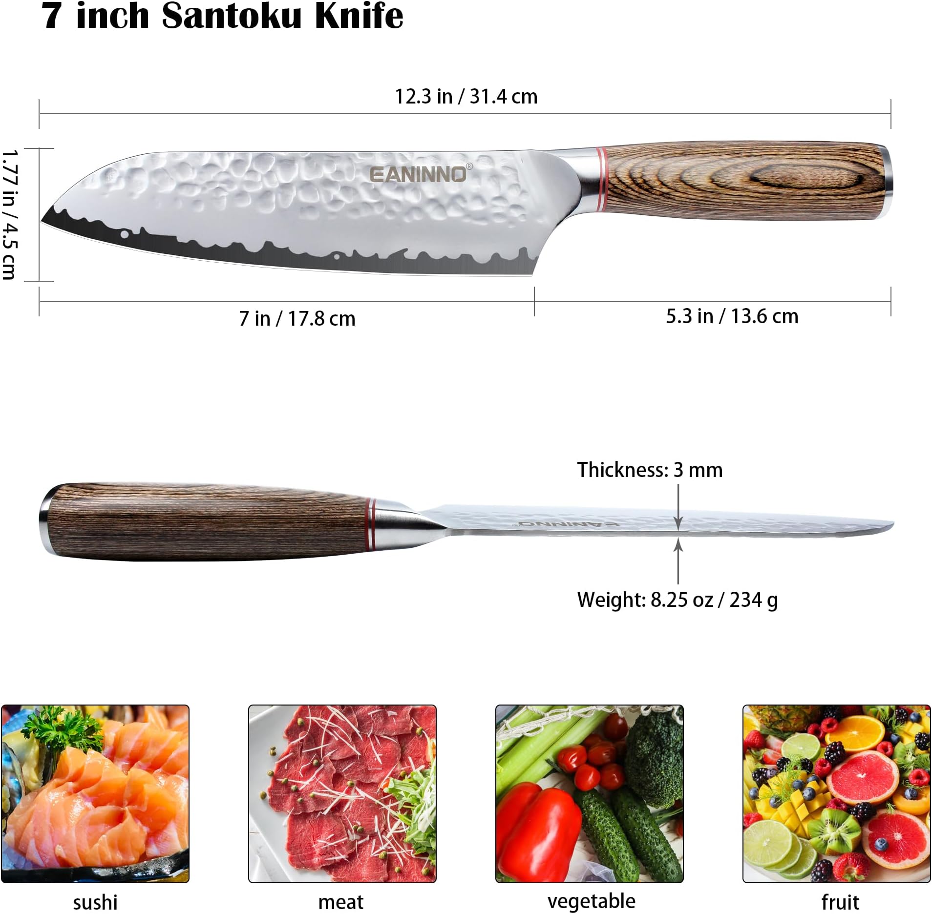 EANINNO Japan Santoku Japanese Chef Knife 7 inch German High Carbon Steel Kitchen Cutting Knife Forged Asian Chef's Knife for Meat Vegetable Pakkawood Handle 2023