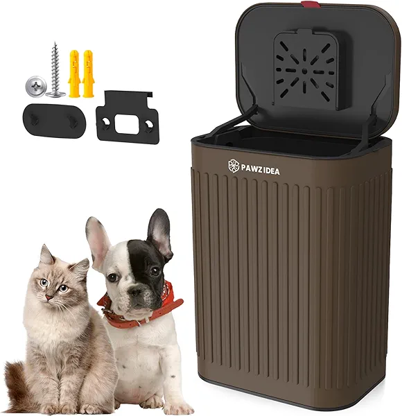PAWZIDEA Wall Mount Dog Poop Trash Can Outside, 2.1 Gallon Small Dog Waste Bin with Lid, Activated Carbon Odor Control, Waterproof Metal Pet Waste Disposal Container, Fence Hang Poop Proof Garbage Can