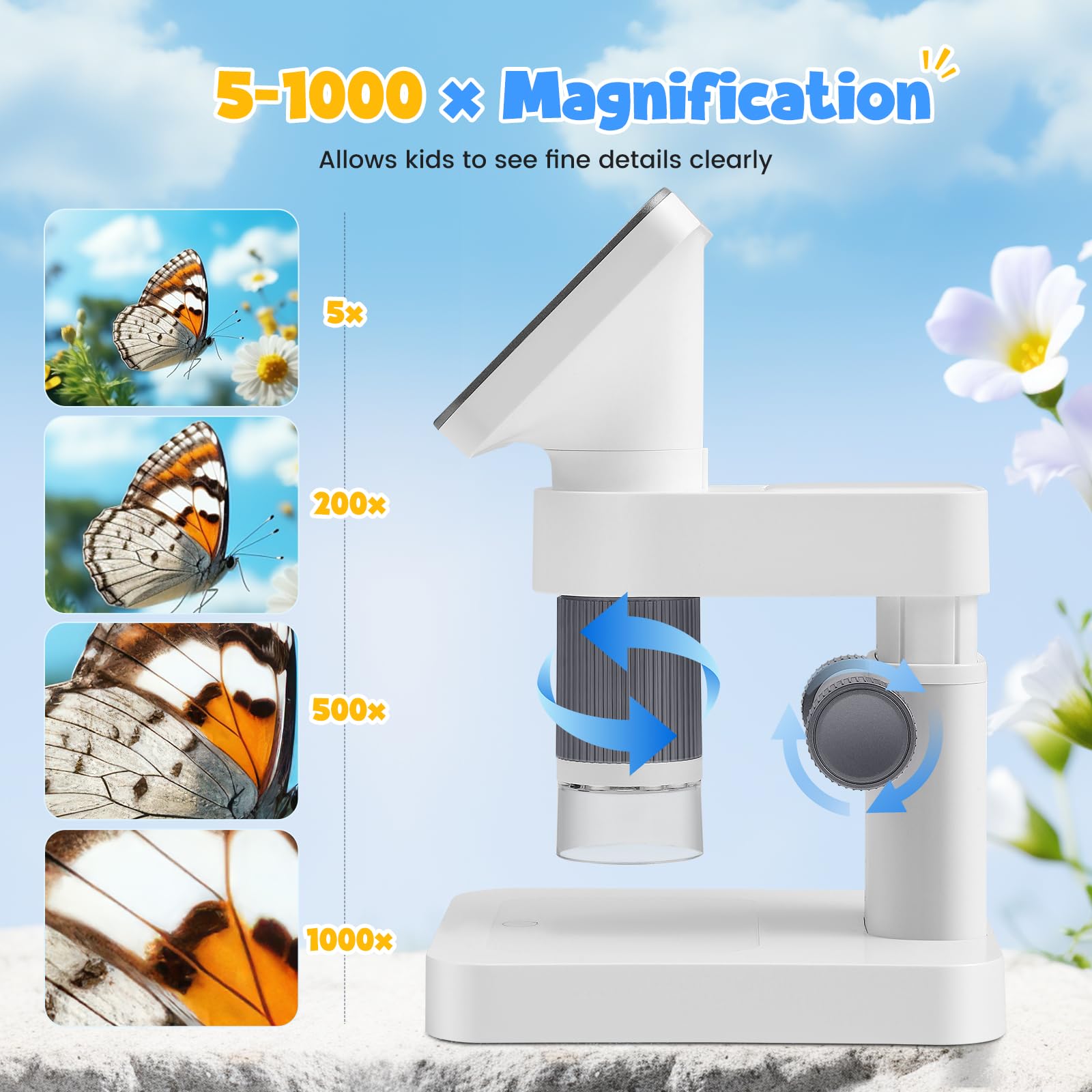 Microscopio digital para niños de 5 a 1000 x, pantalla IPS de 4,5 pulgadas, 1080P, microscopio portátil de mano con tarjeta de 32 GB, foto y vídeo, conexión de PC para escuela naturaleza