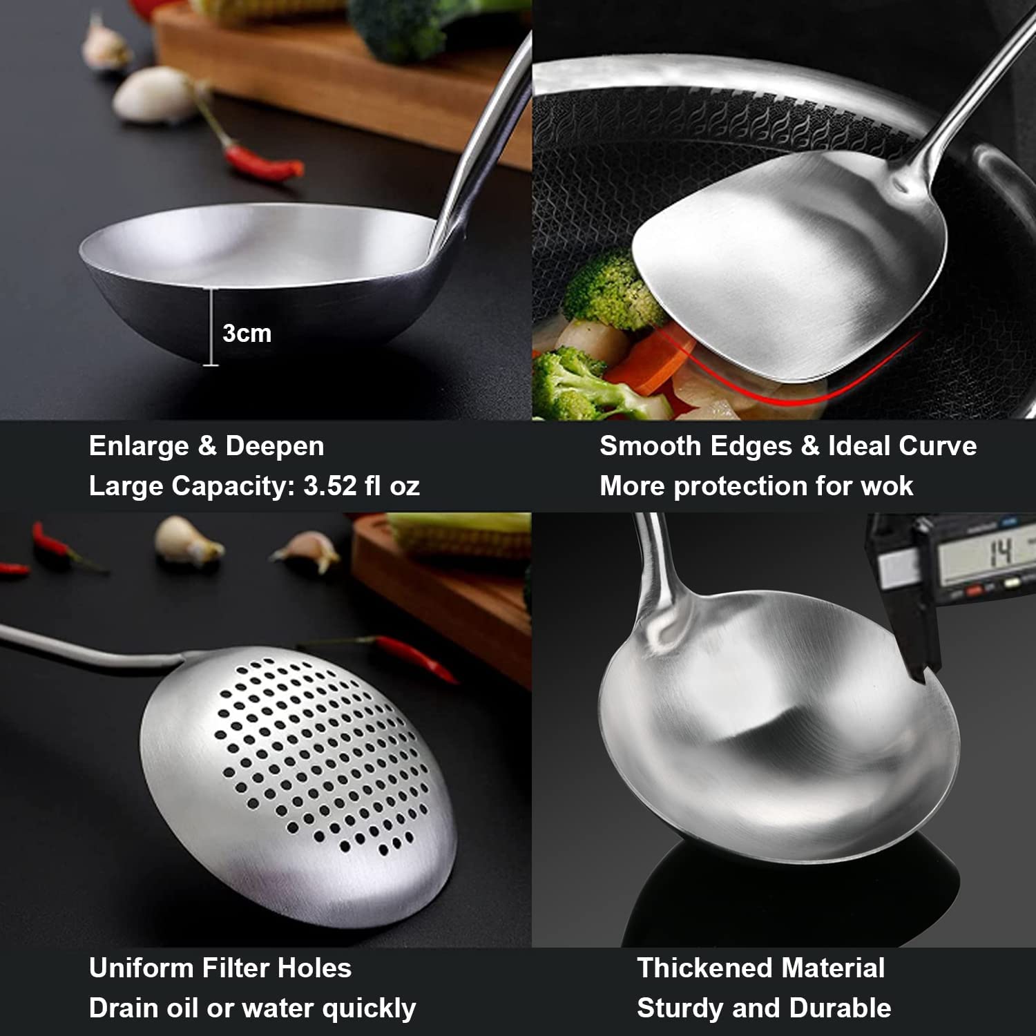 Espátula de wok de acero inoxidable, utensilios de wok para acero al carbono, juego profesional, 3 piezas de acero inoxidable 304, todos los de metal