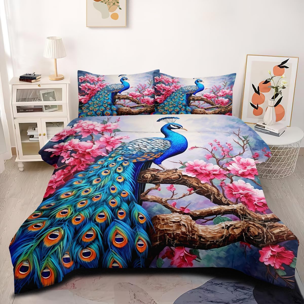 Blue Peacock Comforter Set King Size Romantic Floral Bedding Set Women Men Red Flower Bird Print Soft Breathable Comforter 3Pcs with 2 Pillowcases Blue Peacock King