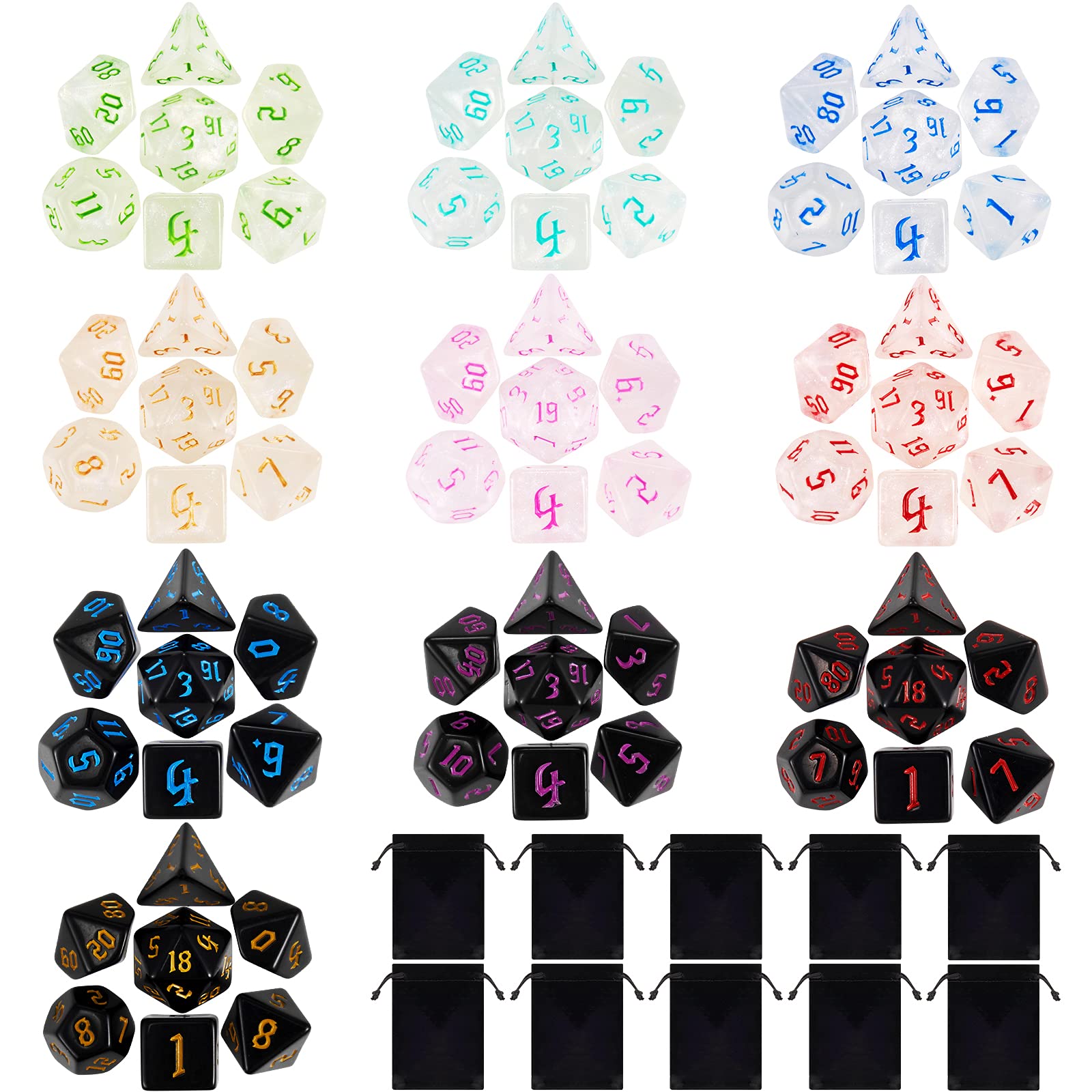 DND Dice Set, Surhugvy 7 X 7 (49 Pieces) Polyhedral Dice Set for Dungeons and Dragons DND RPG MTG Table Games Gift with 7 Pack Black Bags