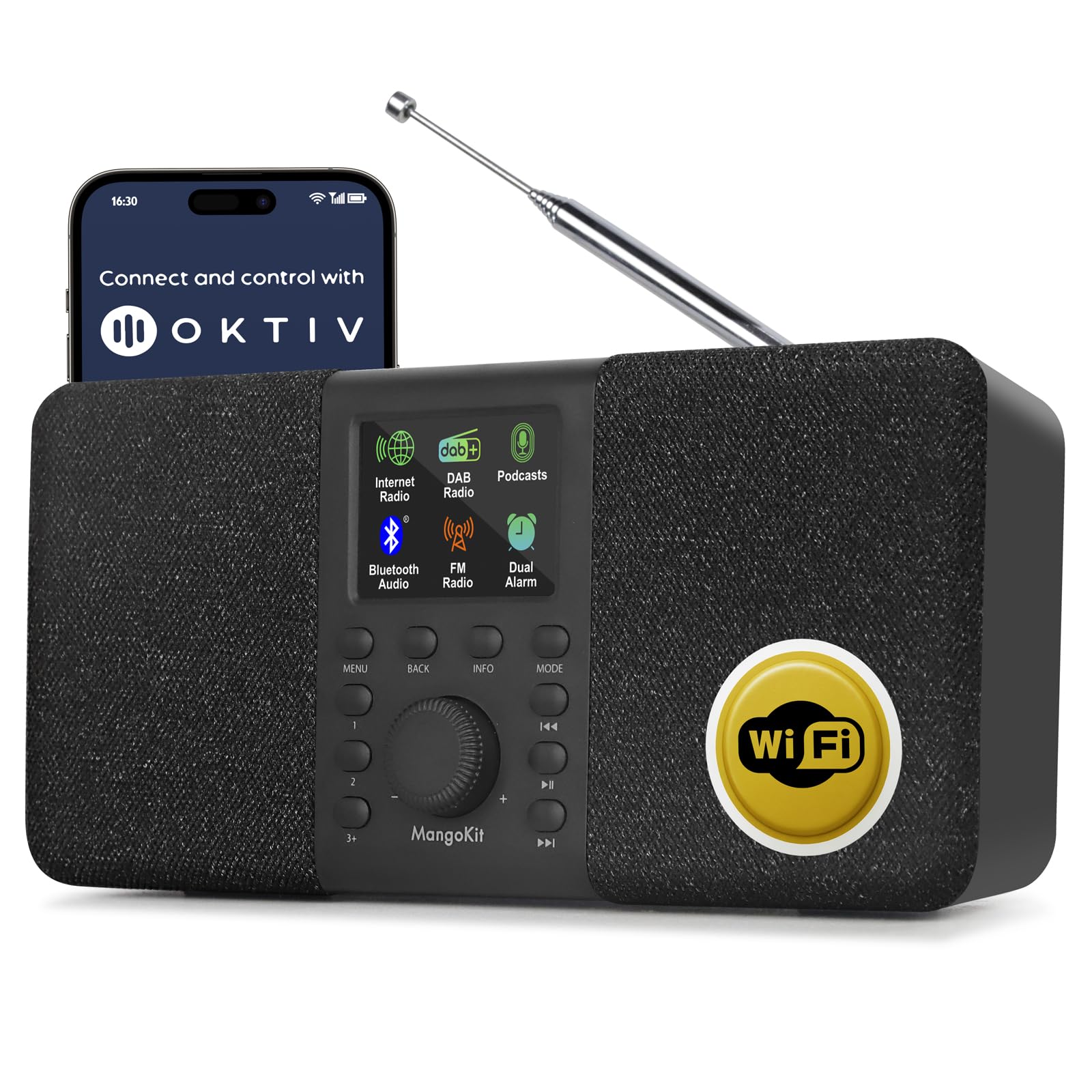 SR20 Radio Internet Stéréo avec Radio Numérique Dab/Dab+,WiFi avec Lecteur de Podcasts,Intelligente avec Bluetooth,FM,de Cuisine Secteur et Batterie,écran Couleur,Alarmes Doubles-Noir