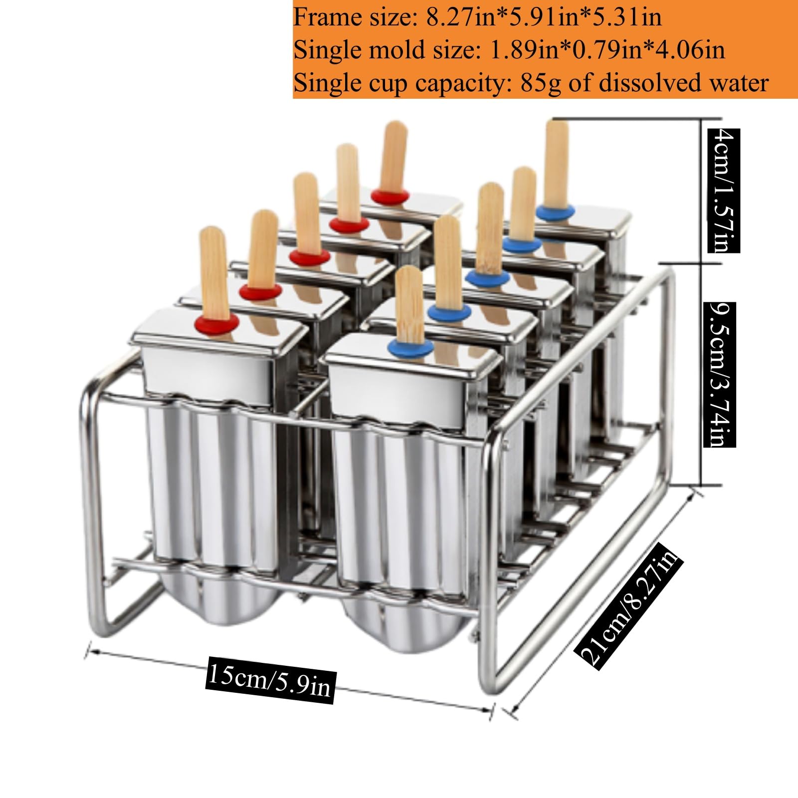 Moldes cuadrados de acero inoxidable para paletas con estante, juego para hacer paletas de hielo | Incluye 10 moldes, 100 palos de bambú, 20 bolsas de almacenamiento y cepillo de limpieza para paletas de helado caseras