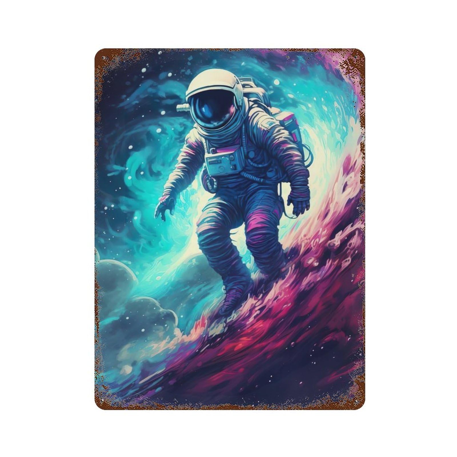 Astronaut in Space Surfer Rusty Metal Tin Sign 15.7"x11.8", Ideal for Patio, Garden Room And Bar Decor