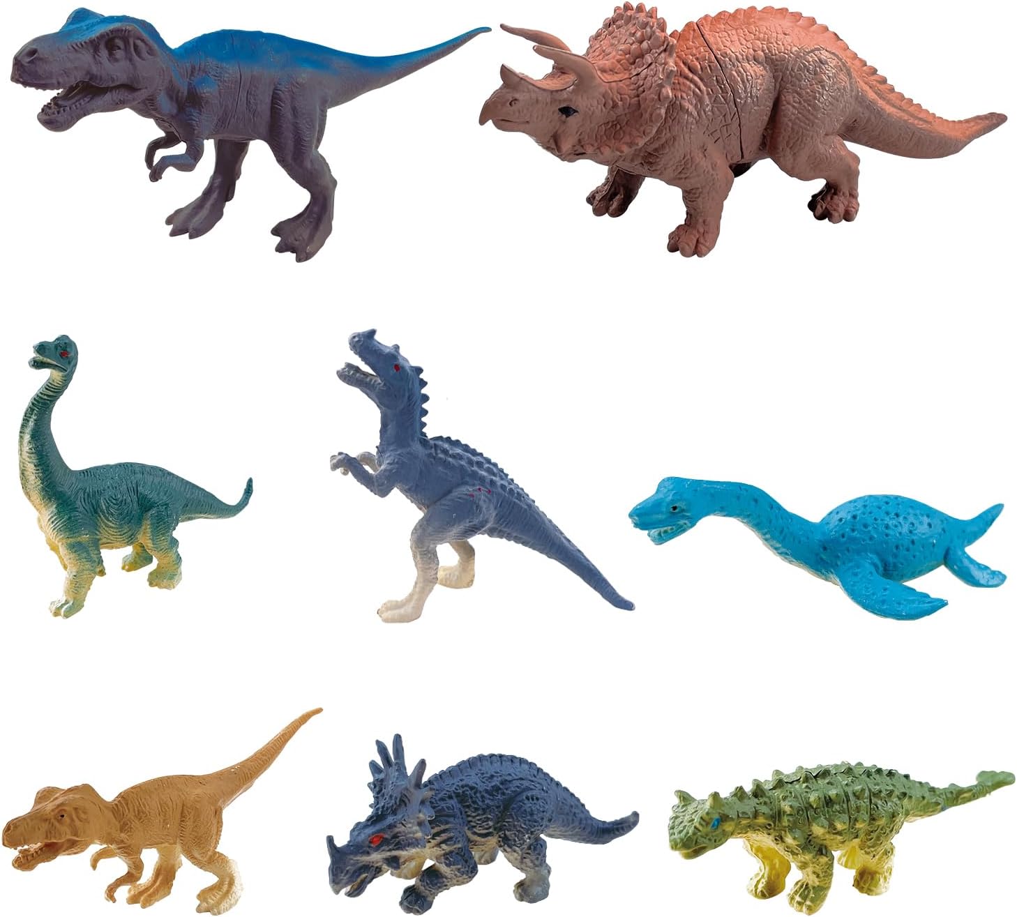 A collection of eight colorful dinosaur figures, including a T-Rex, Triceratops, Brachiosaurus, and others.
