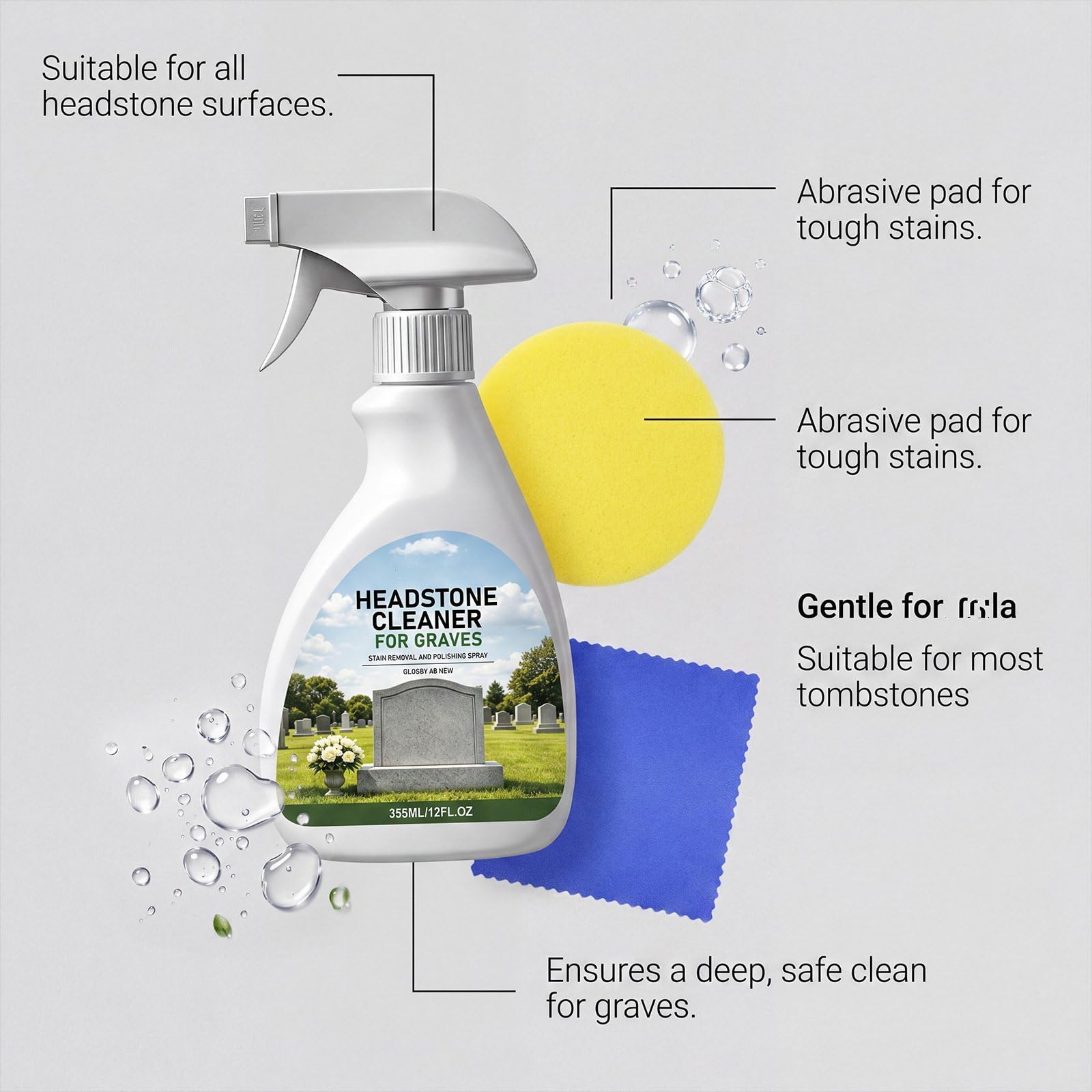 Spray limpiador de lápidas y tumbas para granito y mármol cementerio, juego de limpieza de lápidas y monumentos con paño y esponja, spray de limpieza y pulido para el cuidado (3 unidades)