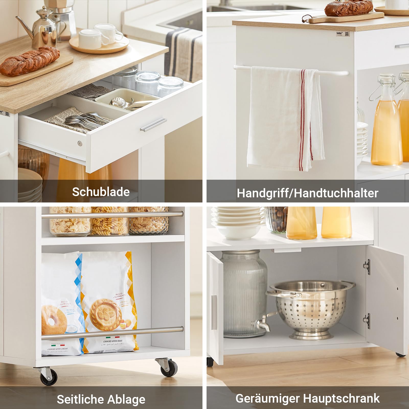 SoBuy Servierwagen mit Rollen Küchenwagen mit Arbeitsplatte Rollwagen Küche Kücheninsel mit Arbeitsplatte schmaler Mikrowellenschrank Küchenschrank Beistelltisch Holz Weiß 82×88×46 cm FKW113-WN