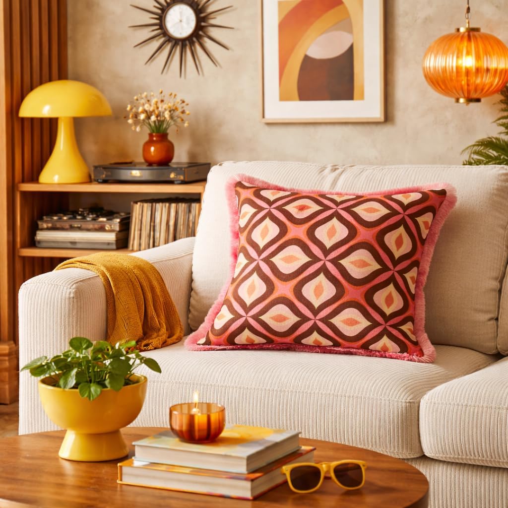 Creative Co-Op Cotton Blend Velvet Printed Pillow with Ogee Pattern and Eyelash Fringe, Multicolor, Square, Pink