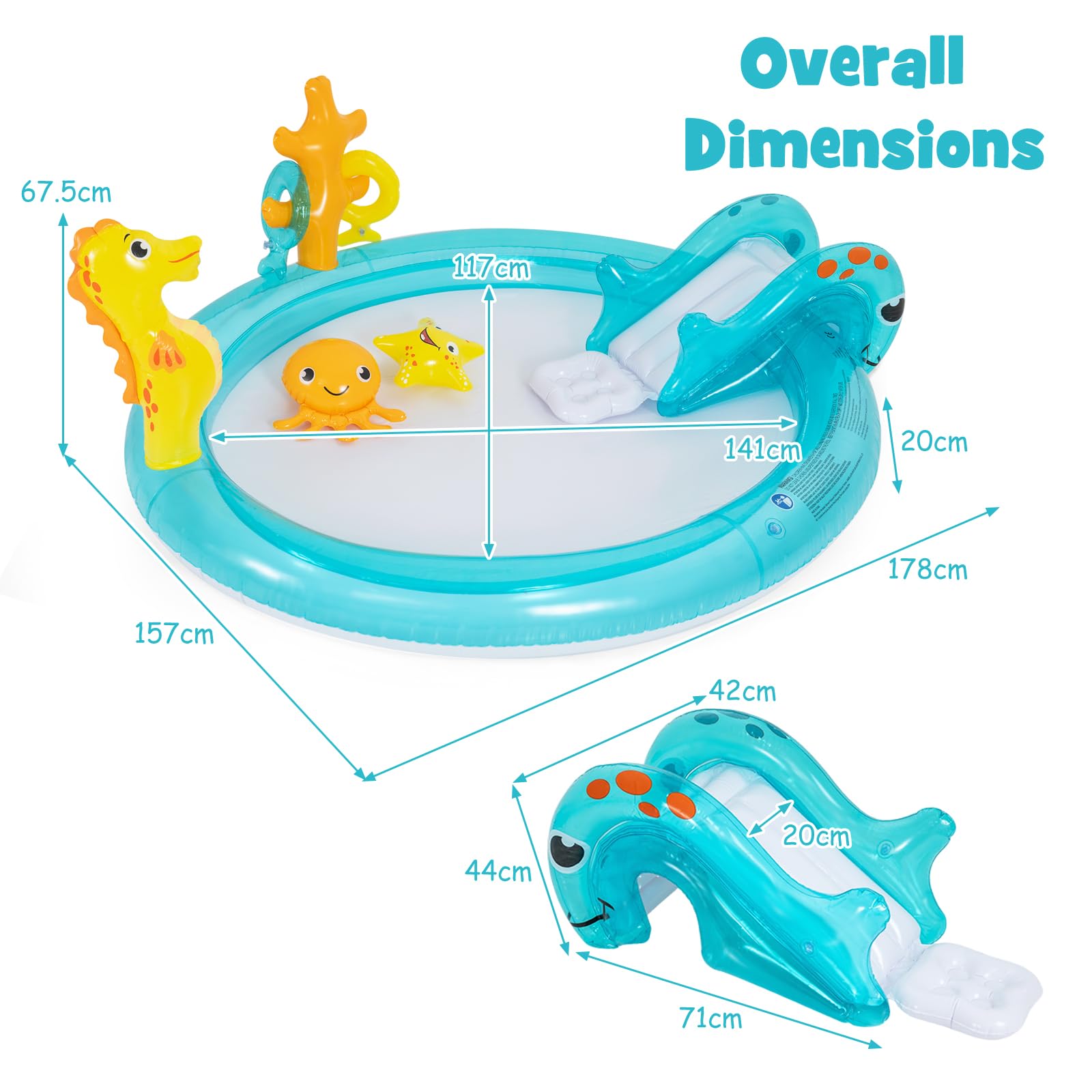 HOMASIS Piscina Gonfiabile per Bambini in PVC, Multifunzione con Scivolo, Spruzzatore e Accessori, Tema Animali, Ideale per Giardino e Gioco Estivo, Sottomarino con Delfino, 178 x 157 x 67,5 cm