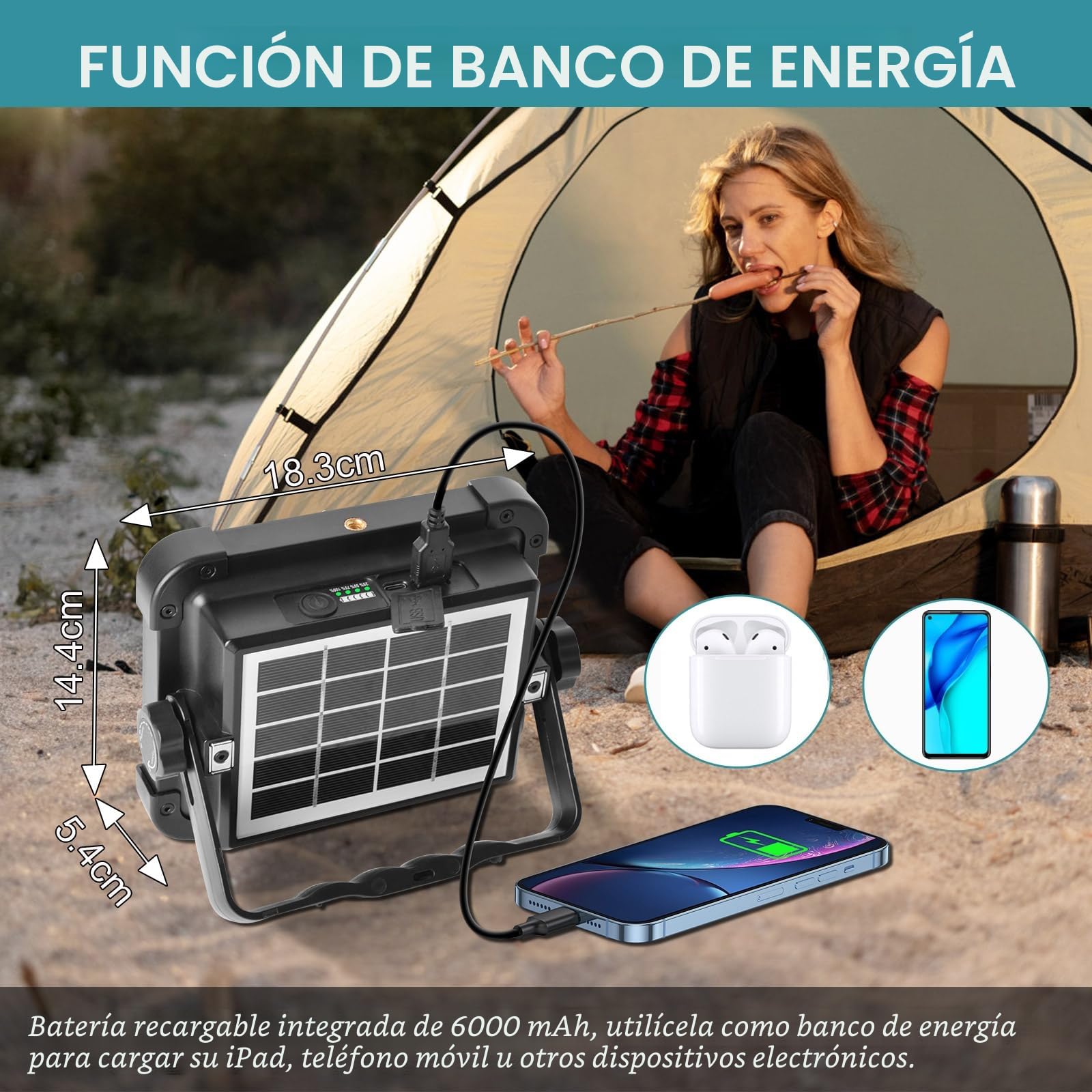 ERAY Foco LED Recargable 6000mAh Batería - 174 LEDs, 4 Modos, IP66, Panel Solar, Banco de Energía, Portátil Luz de Trabajo para Camping, Emergencia, Trabajo, Pesca