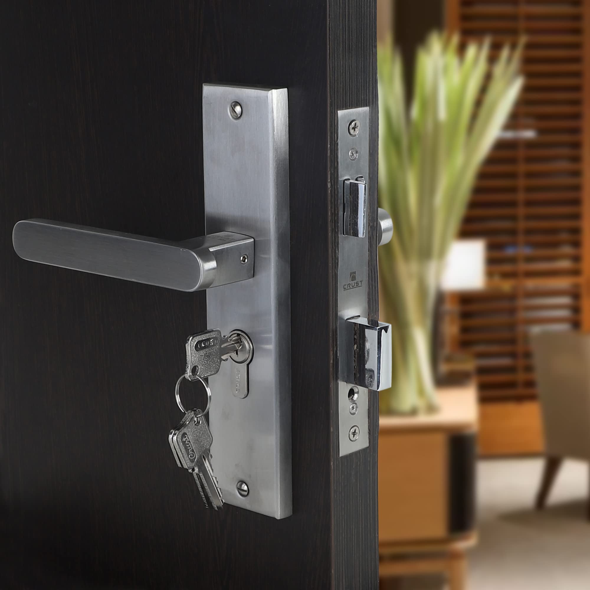 Blue Space Premium 8" Cylindrical Plate Mortise Door Lock Handle Set/Mortise Lock with Brass Lock Body and One Side Key 60mm Brass Cylinder Set with 3 Brass Computer Keys (LB304, Matt Satin)