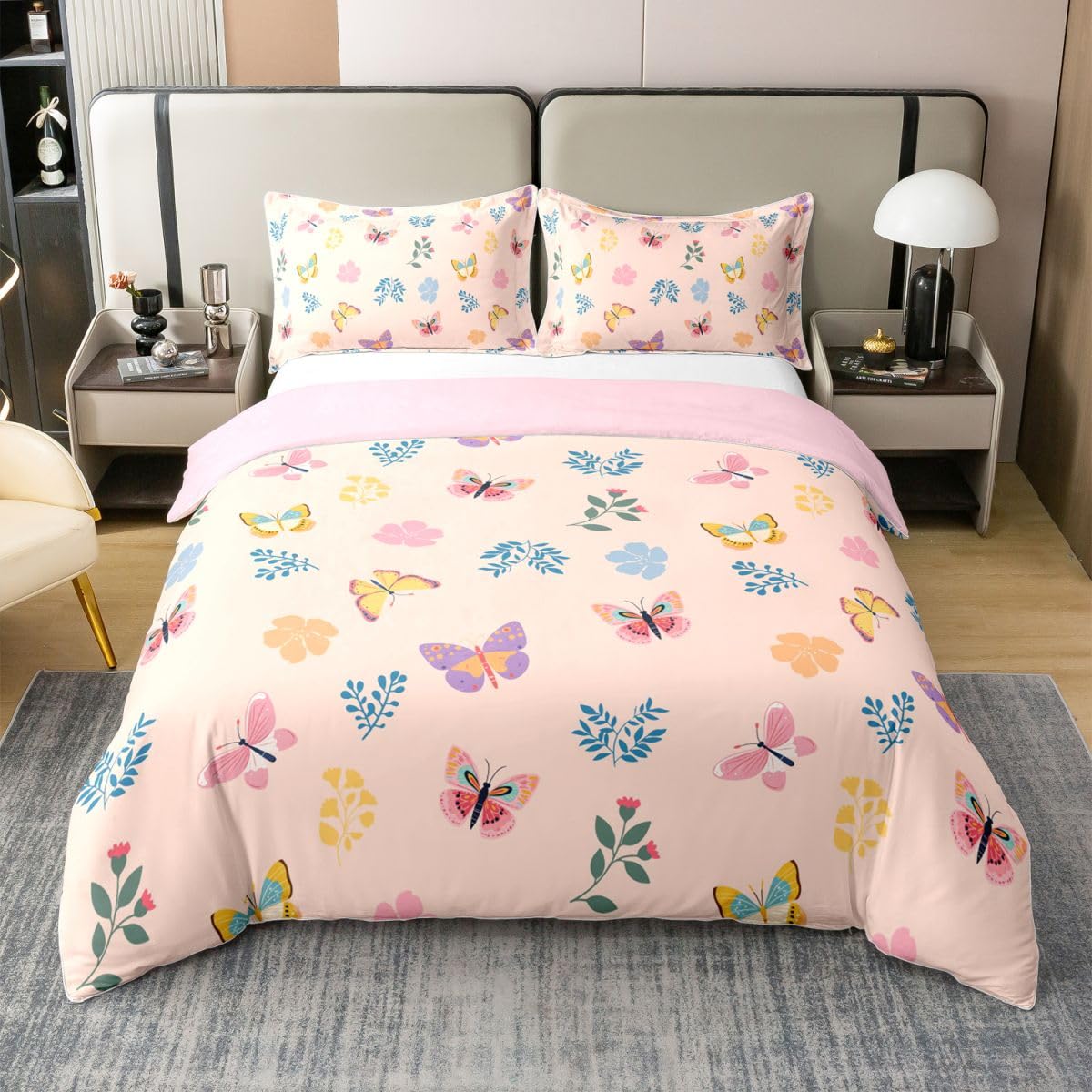 Homewish uroczy motyl podwójny zestaw pościeli z 2 poszewkami na poduszki - wiosna kwiatowa bawełniana poszewka na kołdrę botaniczne kwiaty poszewka na kołdrę różowy motyl dekoracje zestawy łóżek