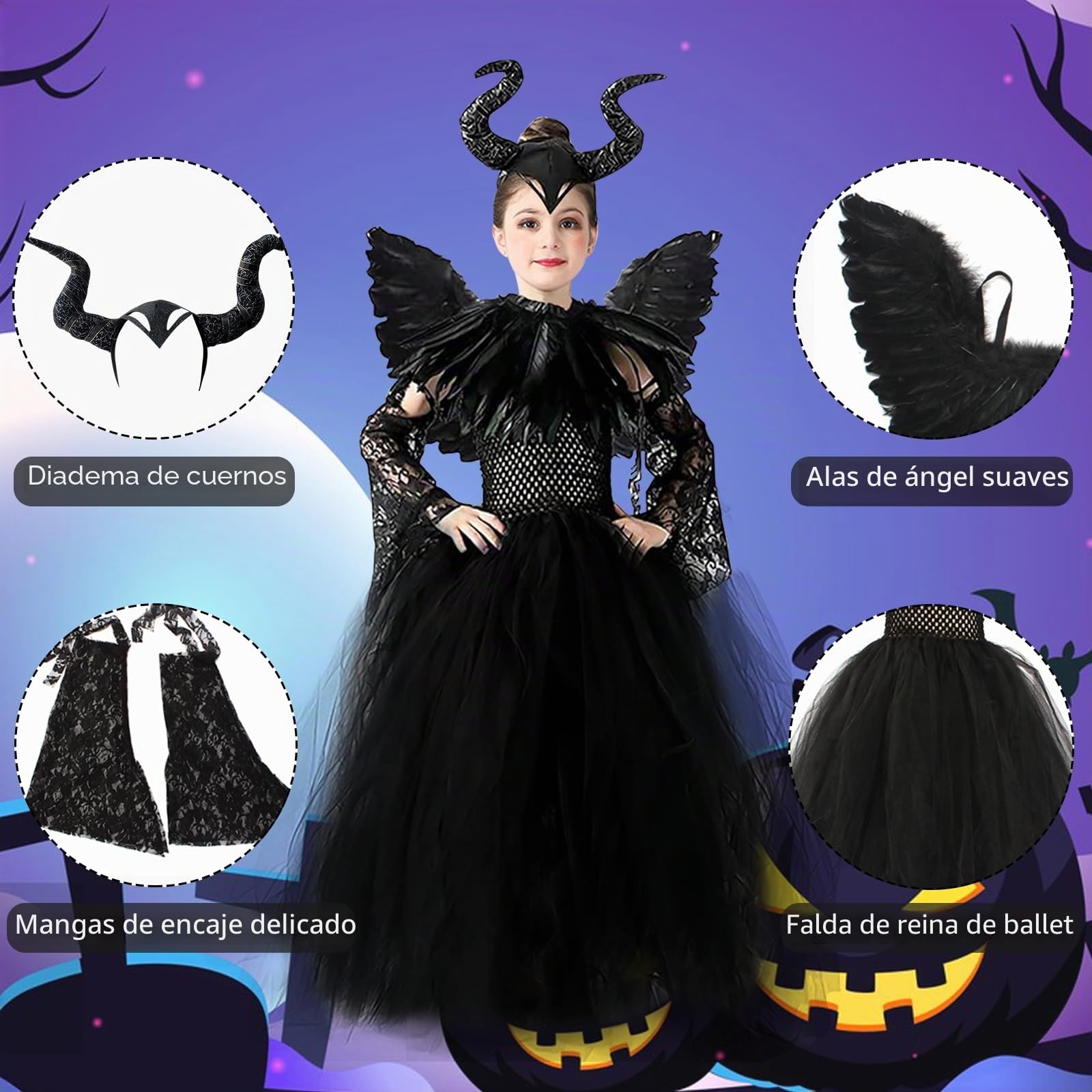 5 Piezas Disfraz de Maléfica Niña: Reina Bruja Malvada Vestido para Niños con Tocado de Cuernos y Capa de Alas Negras para Halloween Carnaval Cosplay Fiesta Traje
