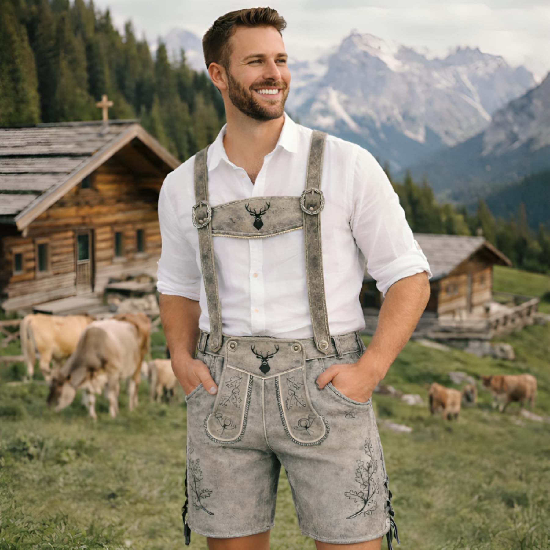 PAULGOS Herren Trachten Lederhose HK5-ANTIK+ Träger, Echtes Leder, Gr. 44-60