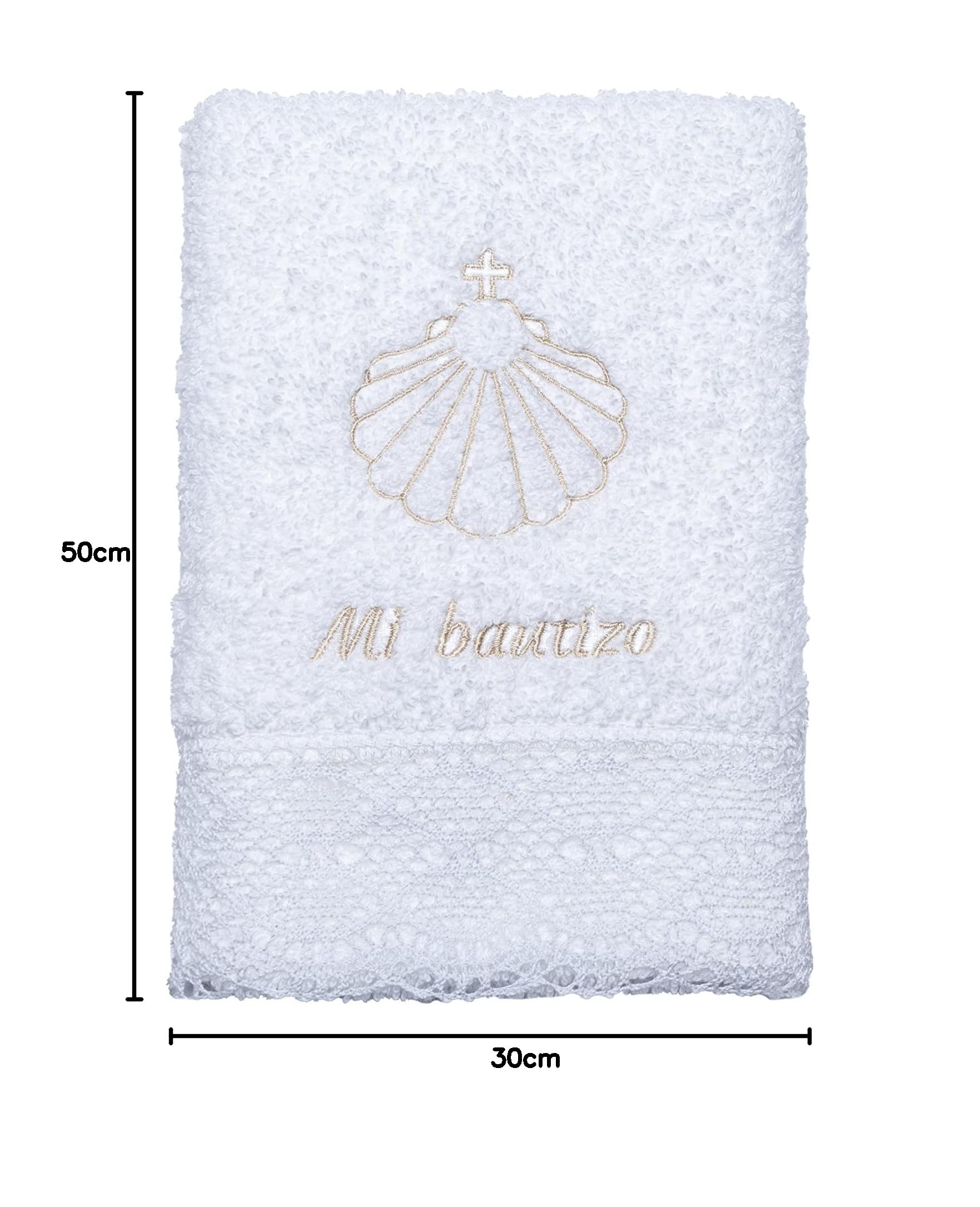 Toalla de Bautizo Bordada con puntilla. Toalla Bautizo-Regalo. Bautismo bebé 100% algodón (Pequeña 30x50cm)