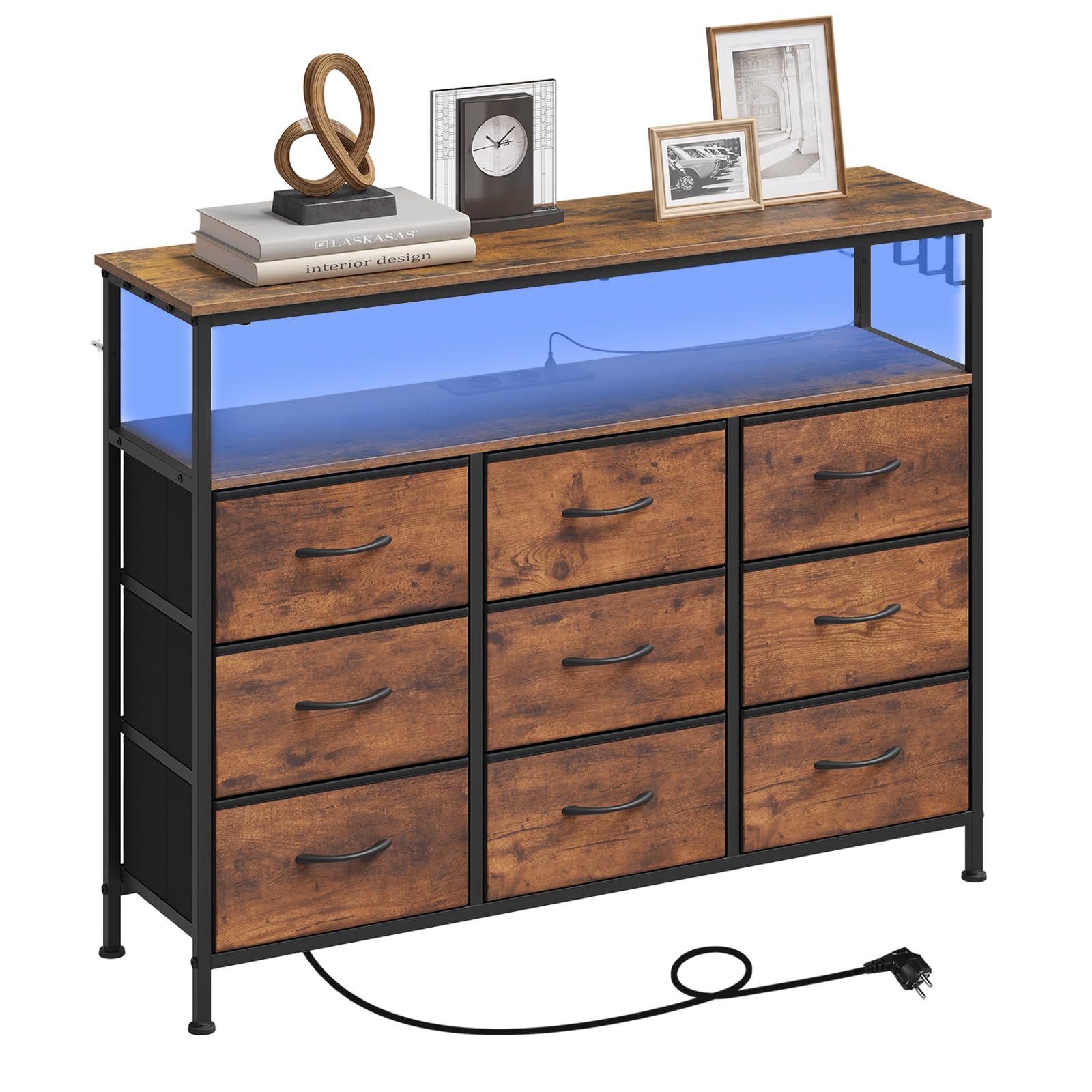 WOLTU Kommode mit 9 Stoffschubladen, LED und Steckdosen, Schubladenschrank mit Metallrahmen, Sideboard Wohnzimmer Schlafzimmer Flur, Rustikales Braun Schwarz