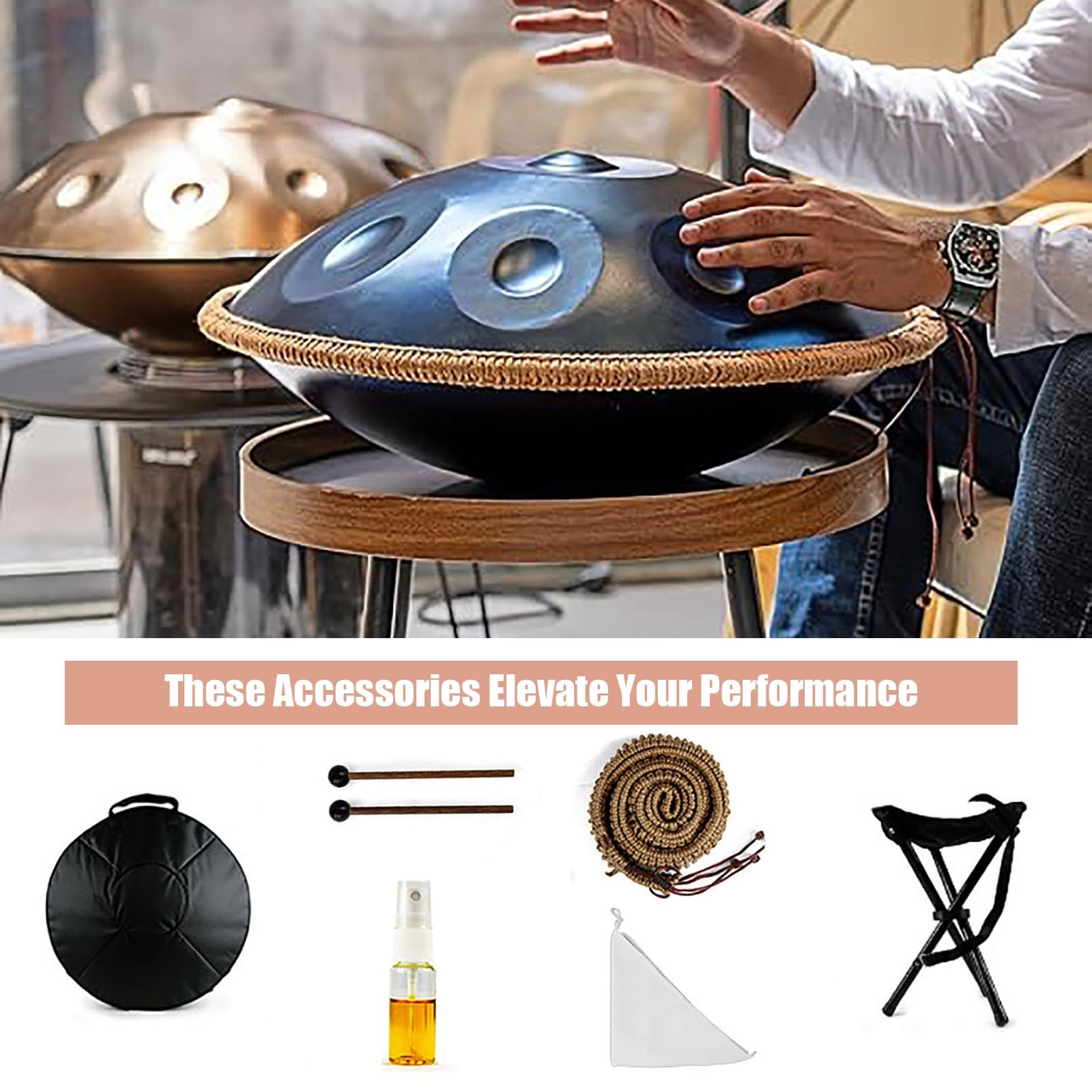 Handpan zestaw perkusyjny 56 cm, 440 Hz, 9/10/12 nut D moll stalowy bęben do medytacji, jogi, z miękką torbą młotkami i stojakiem