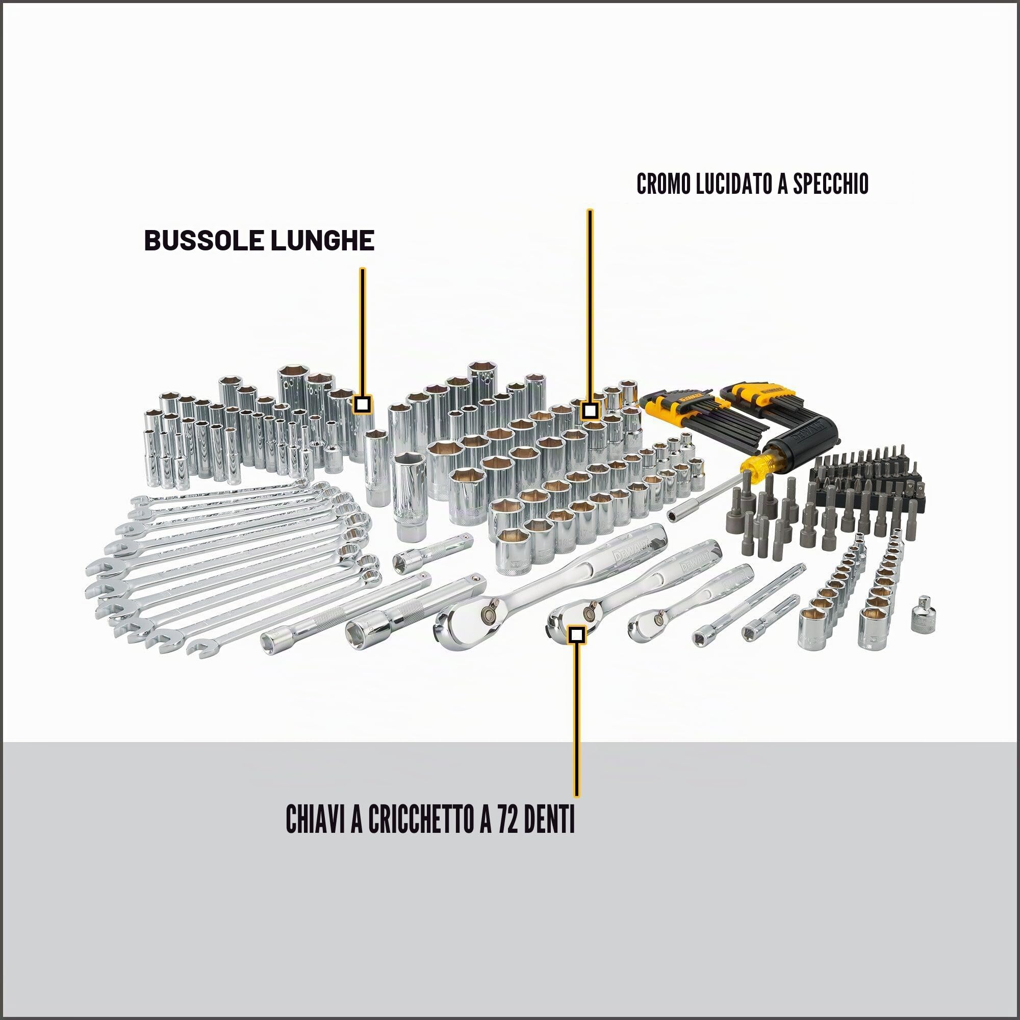 DEWALT Set di strumenti meccanici, unità da 1/4" e 3/8" e 1/2", SAE/Metric, 205 pezzi (DWMT81534)
