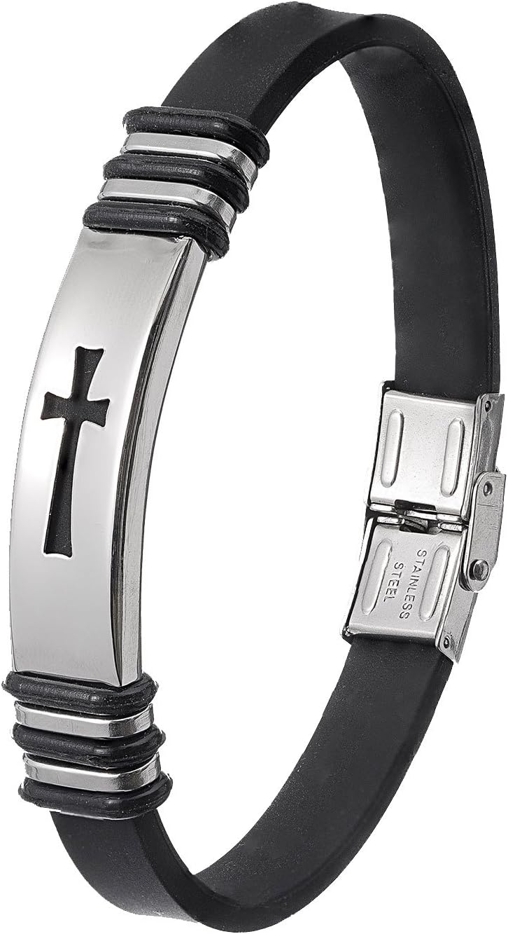 Christian Wristband for Men - Premium Stainless Steel Jewelry - Black Rubber Cross Bracelet