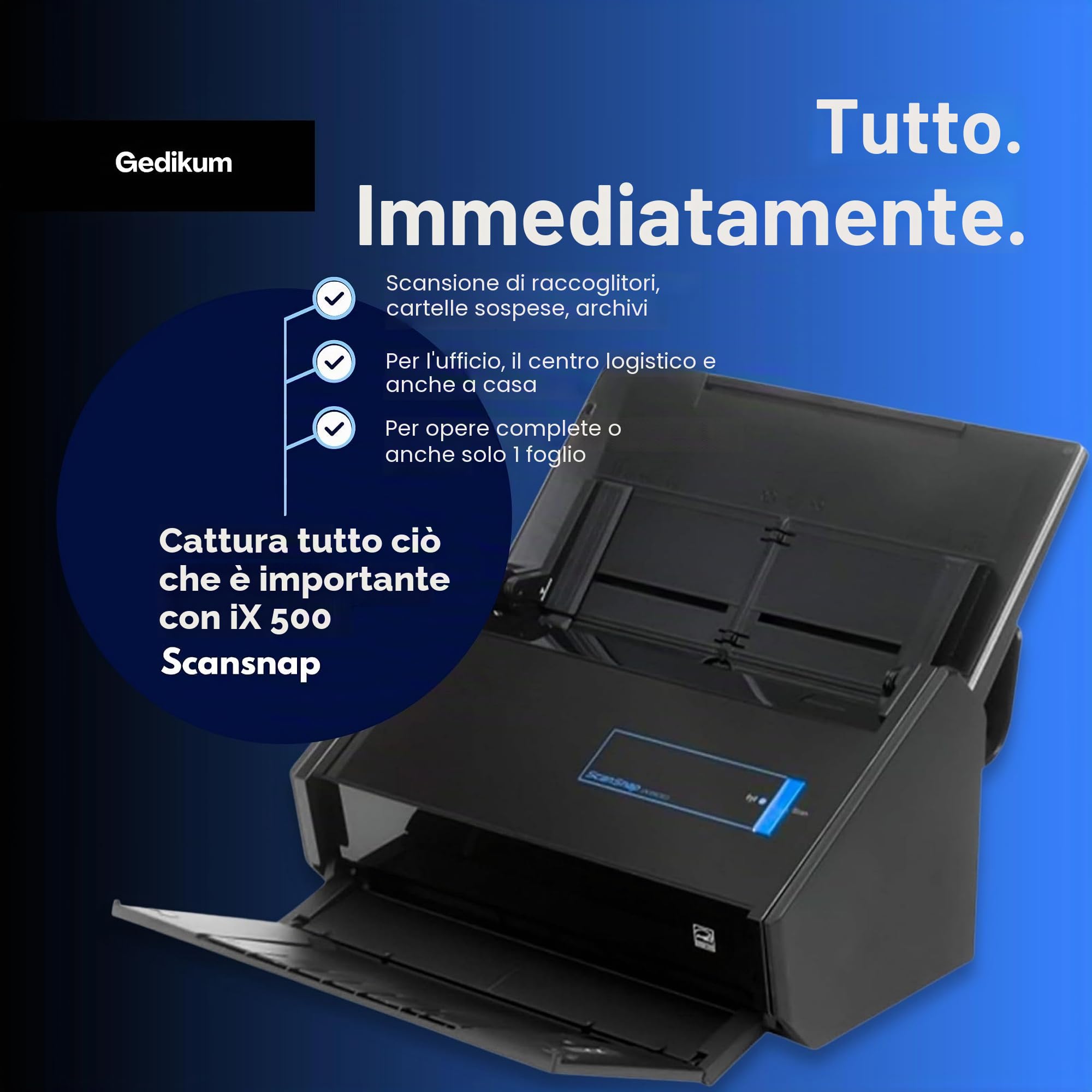 Gedikum Fujitsu IX500 ScanSnap - Scanner USB ad alta velocità compatibile con cloud per documenti, foto e ricevute per Mac e PC - Garanzia 1 anno - ADF con scansione fronte/retro