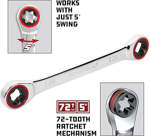 Miniatura 8 de Powerbuilt Llave E-Star E6E8 de doble extremo de caja de trinquete, oscilación de 5 grados, 72 dientes, anillo de color rojo, herramienta de mano