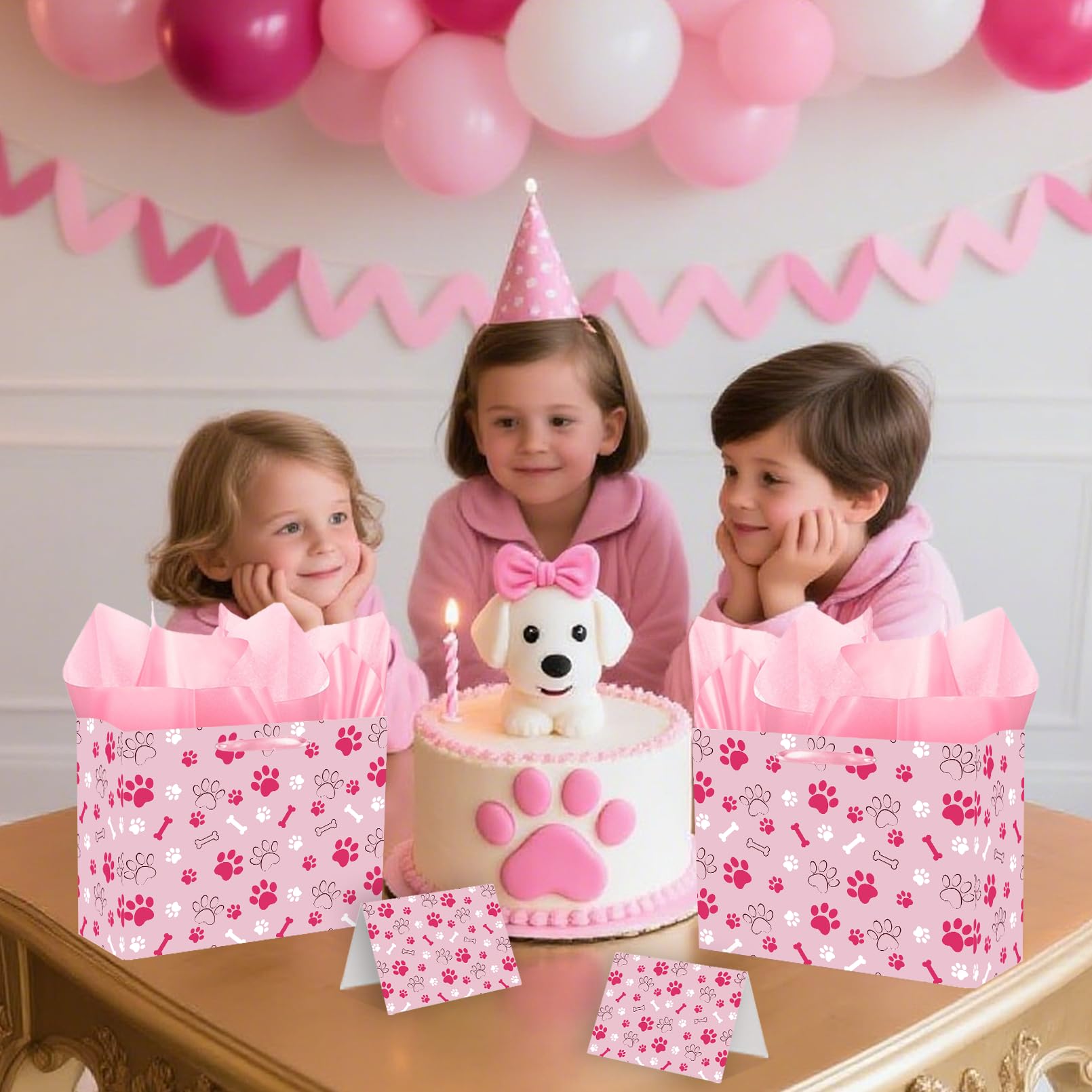Pink Dog Paw Print Gift Bag Large Dog Birthday Gift Bag Paw Print Wrapping paper with Tissue Paper and & Card for Girl Boy Young Puppy Party Decorations Pet Themed Celebrations Birthday Party