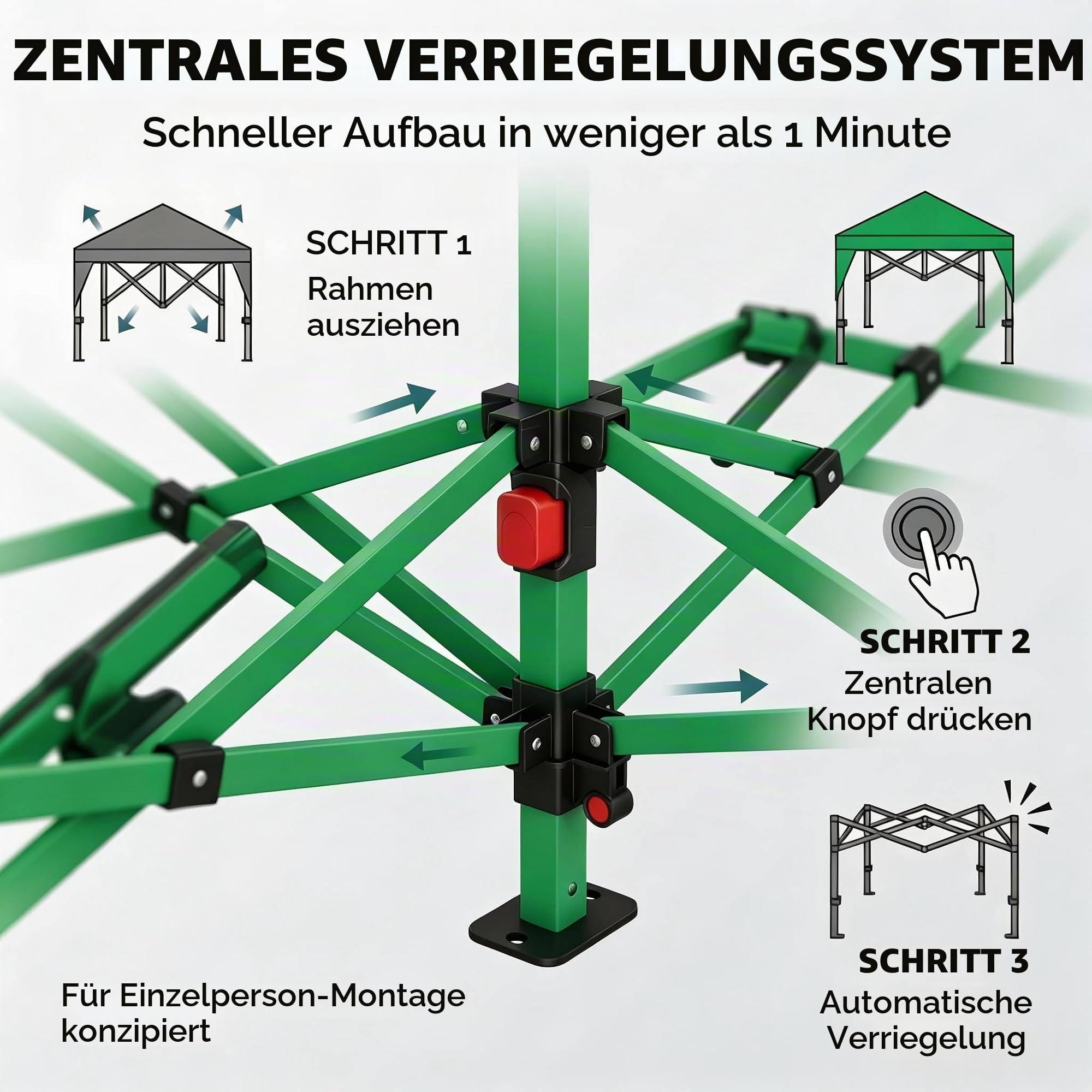 GarveeHome Pop Up Pavillon 3x3m, Wasserdicht Stabil Faltpavillon, Oxford Stoff 150D UV Schutz 50+ Partyzelt für Camping Party, Extremes Wetter Stufenlos Höheverstellbar 260 bis 280cm, Grün