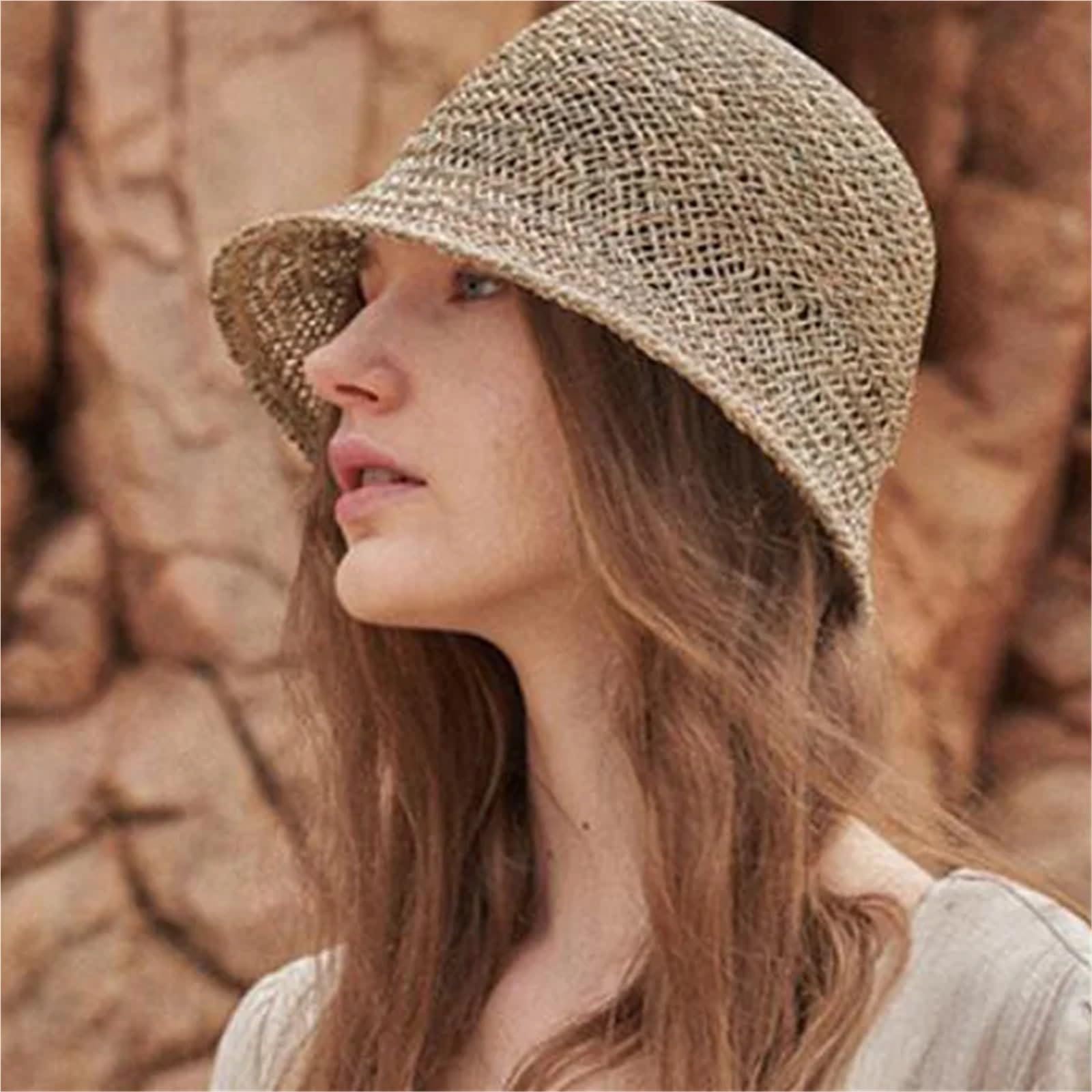 Generico Cappello da Donna Cloche Cappello da Sole Seagrass Beach Paglia da Viaggio Cappello Estivo a Tesa Corta