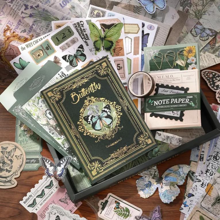 Image of VIBE VISTA Vintage Aesthetic Scrapbook Kit, 346 Pcs, A6 Grid Notebook, Washi, Envelopes, Scrapbook Papers, Folding Labels, Background Papers, Photo Frames, Calendar Stickers, Stickers (Forest Legend)