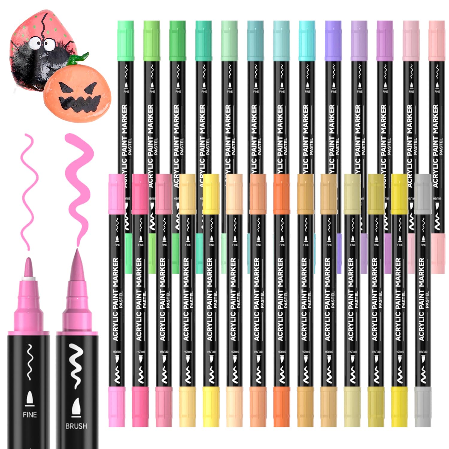 Shuttle Art Dual Tip Acrylic Paint Pens, 28 Pastel Colours Fine & Brush Paint Marker Pens, Paint Pens for Rock Painting, Ceramic, Wood, Fabric, Art Marker Pen Set for Kids Adults on Christmas Easter