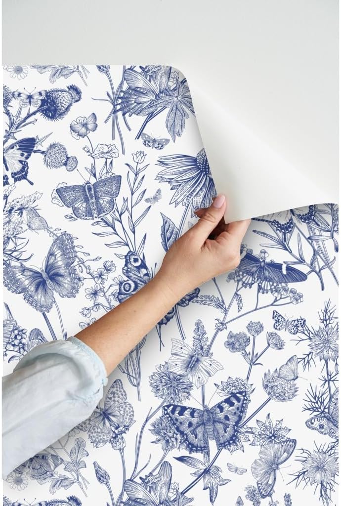 Peel & Stick Wallpaper 3ft x 2ft - Butterflies Wild Flowers White Vintage Blue Retro Custom Removable Wallpaper by Spoonflower