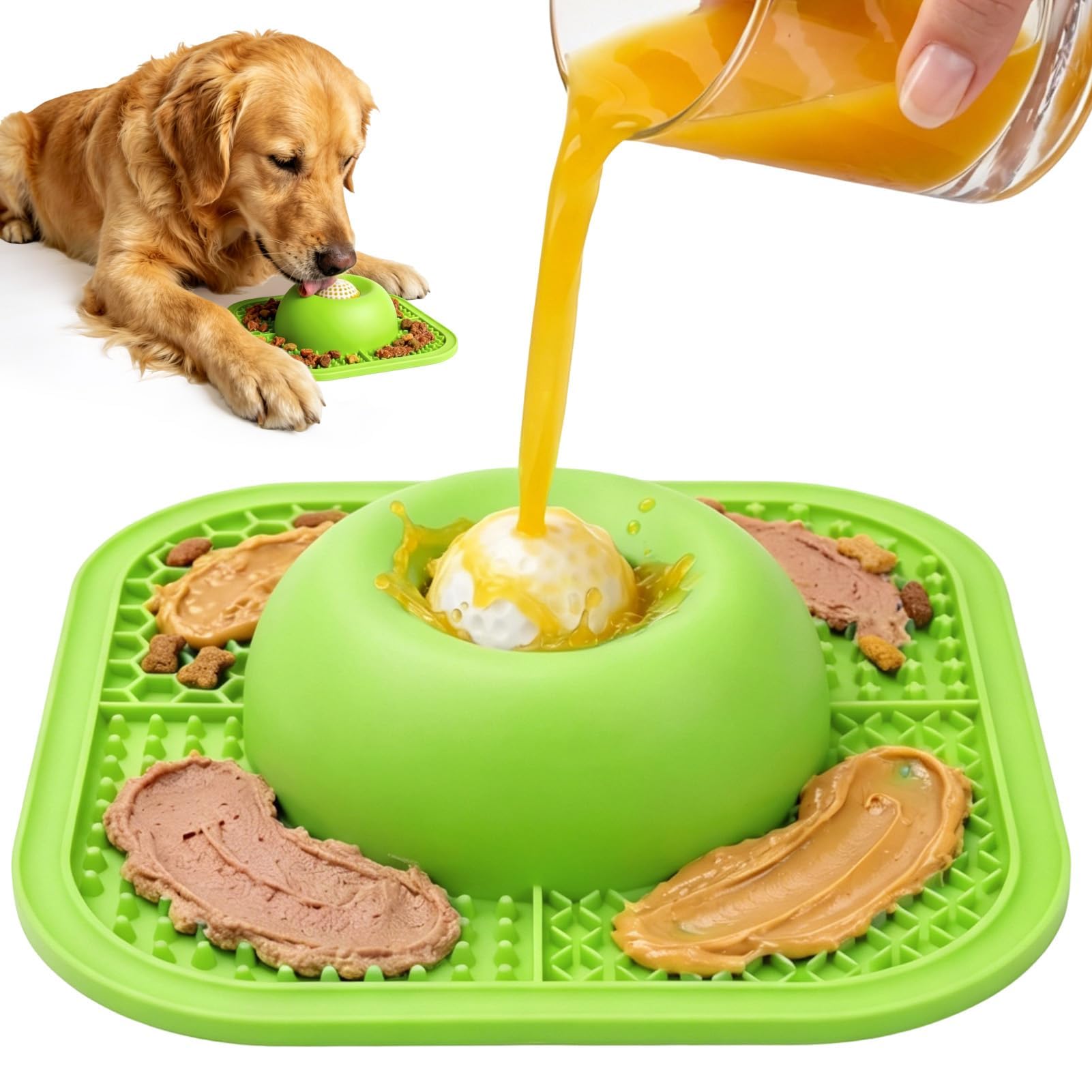 Slow Feeder Dog Bowls &amp; Lick Mat for Liquid and Thick Treat, Anti-Slip Dog Lick Bowl with Interactive Rolling Ball, 5/6 Cup Pup Licking Toy for Large Medium Small Dogs and Cats-Large Green