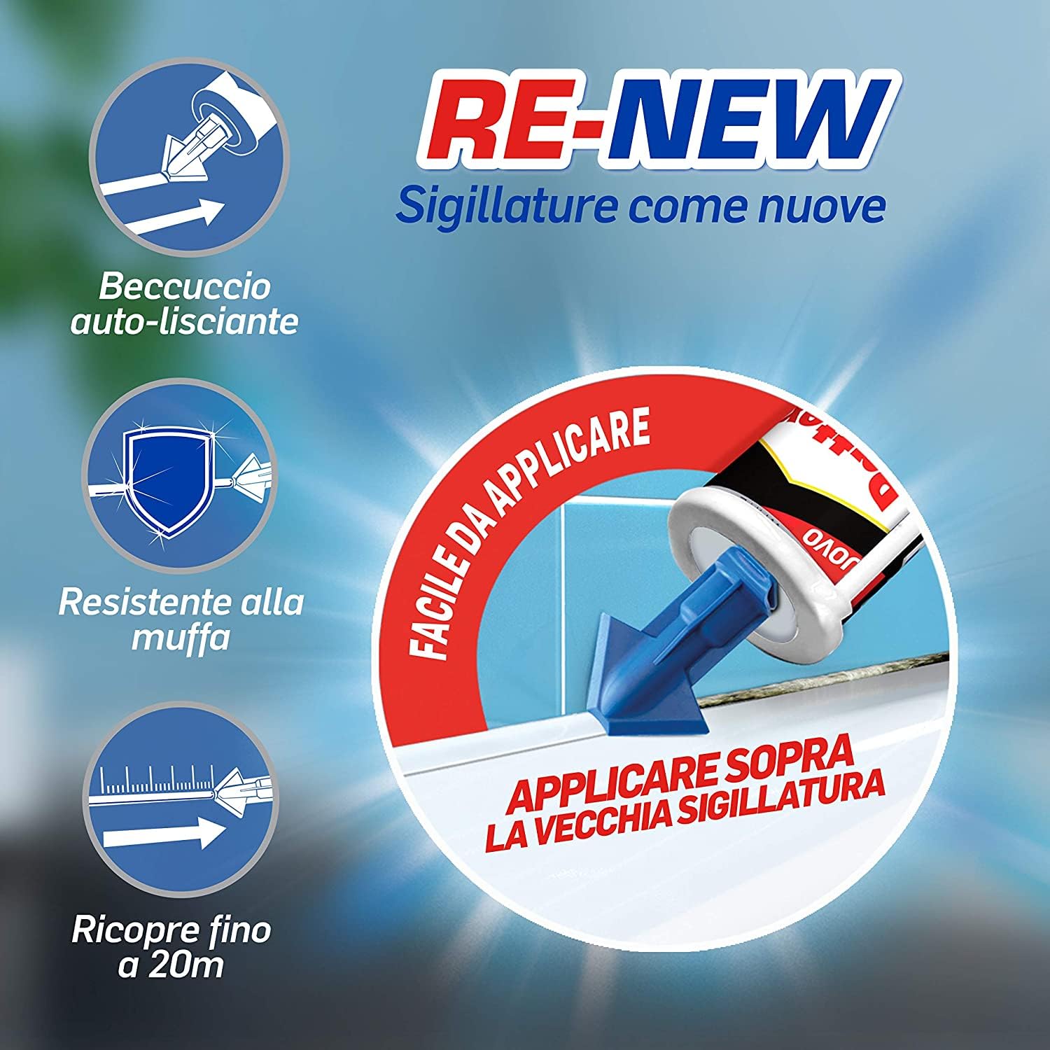 Pattex RE-NEW cartuccia silicone, silicone bianco per piastrelle e sanitari, rinnova sigillature facile da usare, impermeabile e con tripla azione antimuffa, 280ml cartuccia