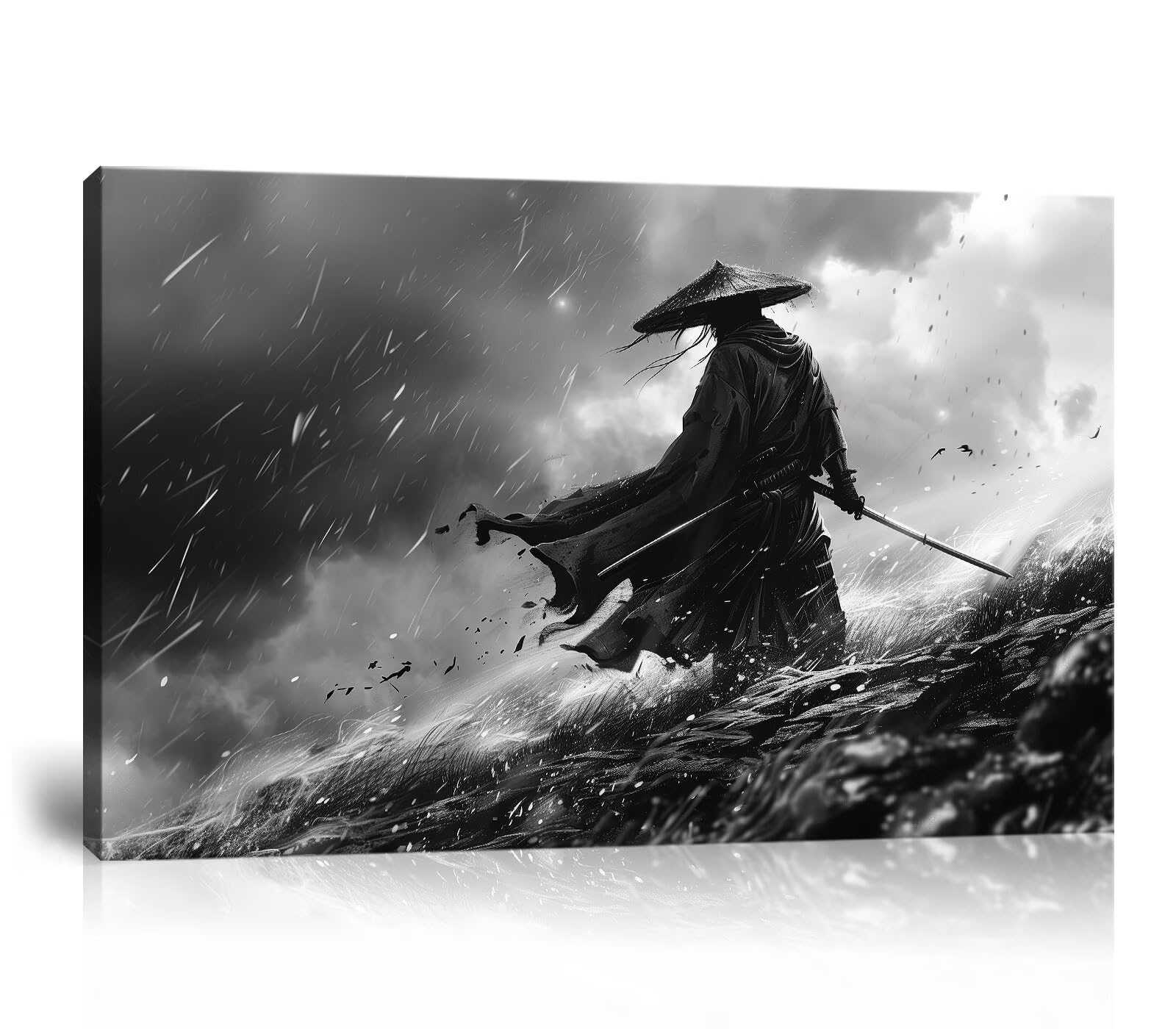 Japanese Samurai Wall Art for Living Room Bedroom - Samurai Picture Canvas Prints Japanese Poster Framed Artwork Ready to Hang(24''H x 36''W)