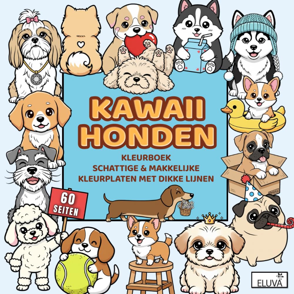 Cozy Kawaii Honden Kleurboek: Schattige & Makkelijke Kleurplaten met Dikke Lijnen: Ontspanning door Eenvoud: Een Knus Kleurboek met 60 Schattige Honden Ontwerpen en Dikke Lijnen