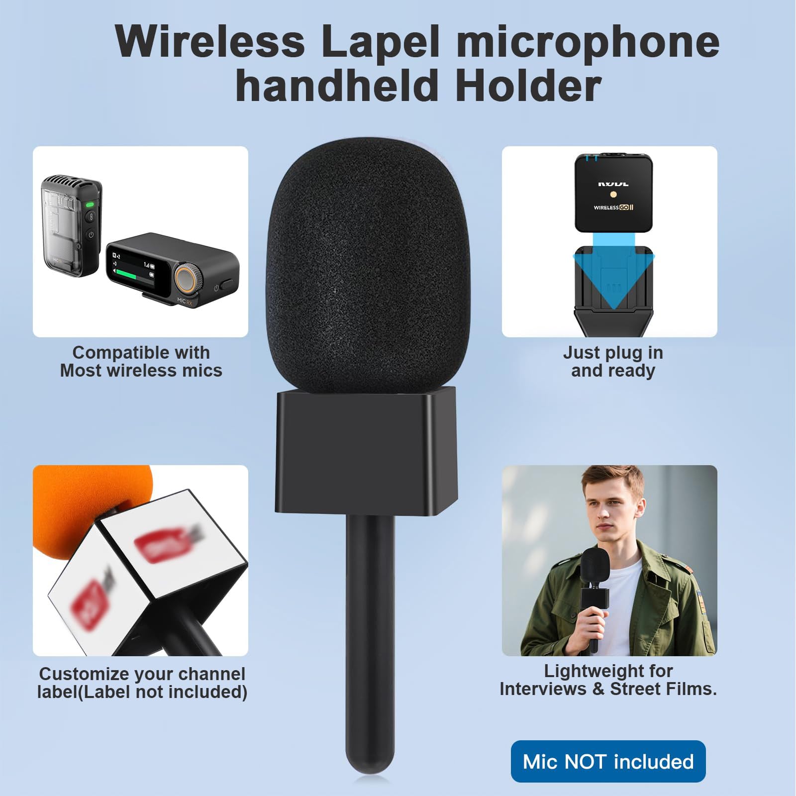 Asta Microfono Mano,Impugnatura Interview Antivento Professionale per Vlogging, Streaming, Podcast e Riprese Esterne – Compatibilità Universale con Microfono Lavalier Senza Fili