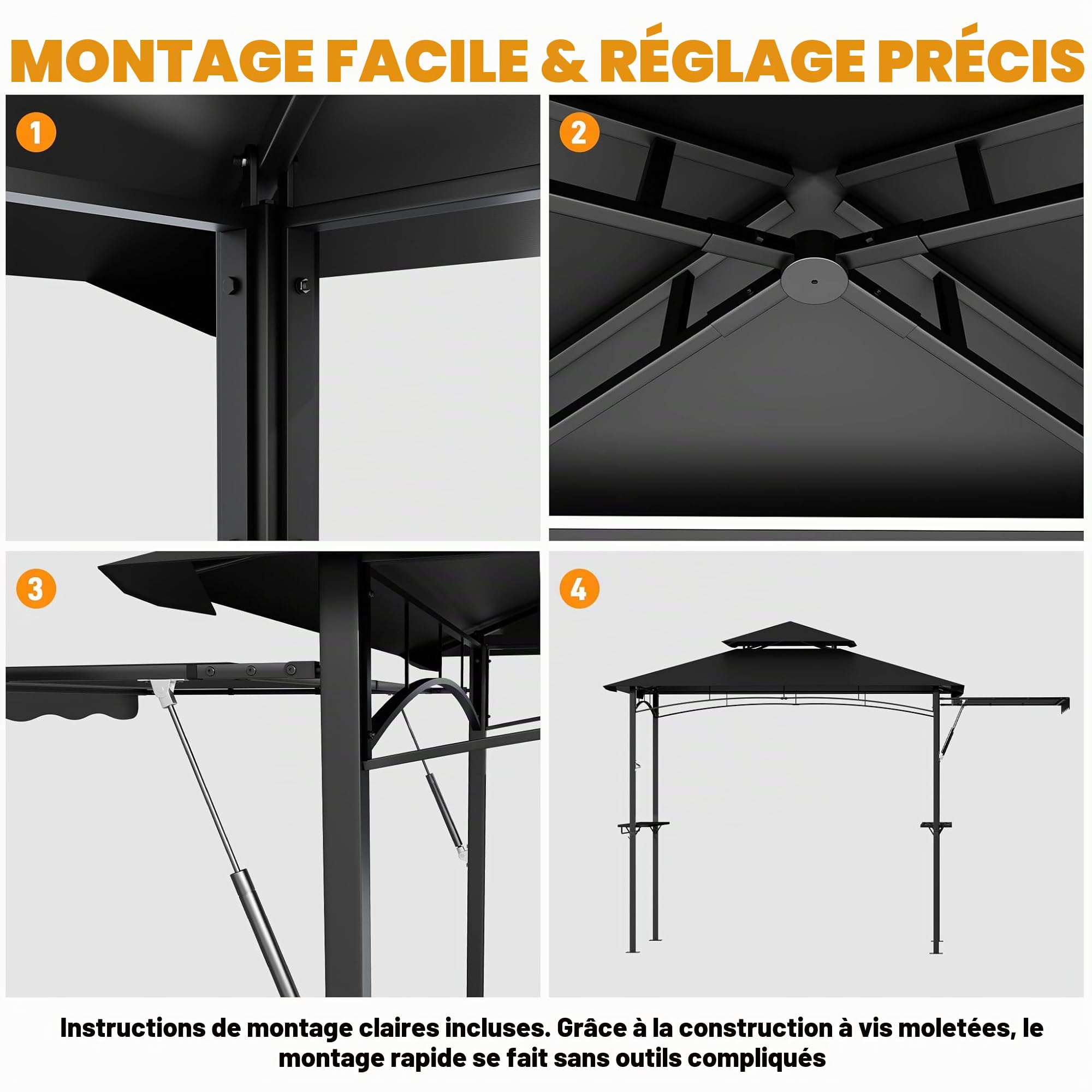 Tonnelle pour barbecue noire avec double toit et store latéral escamotable, 245x141 cm - Tonnelle pour barbecue avec cadre en métal et étagères pratiques, abris de jardin résistants aux