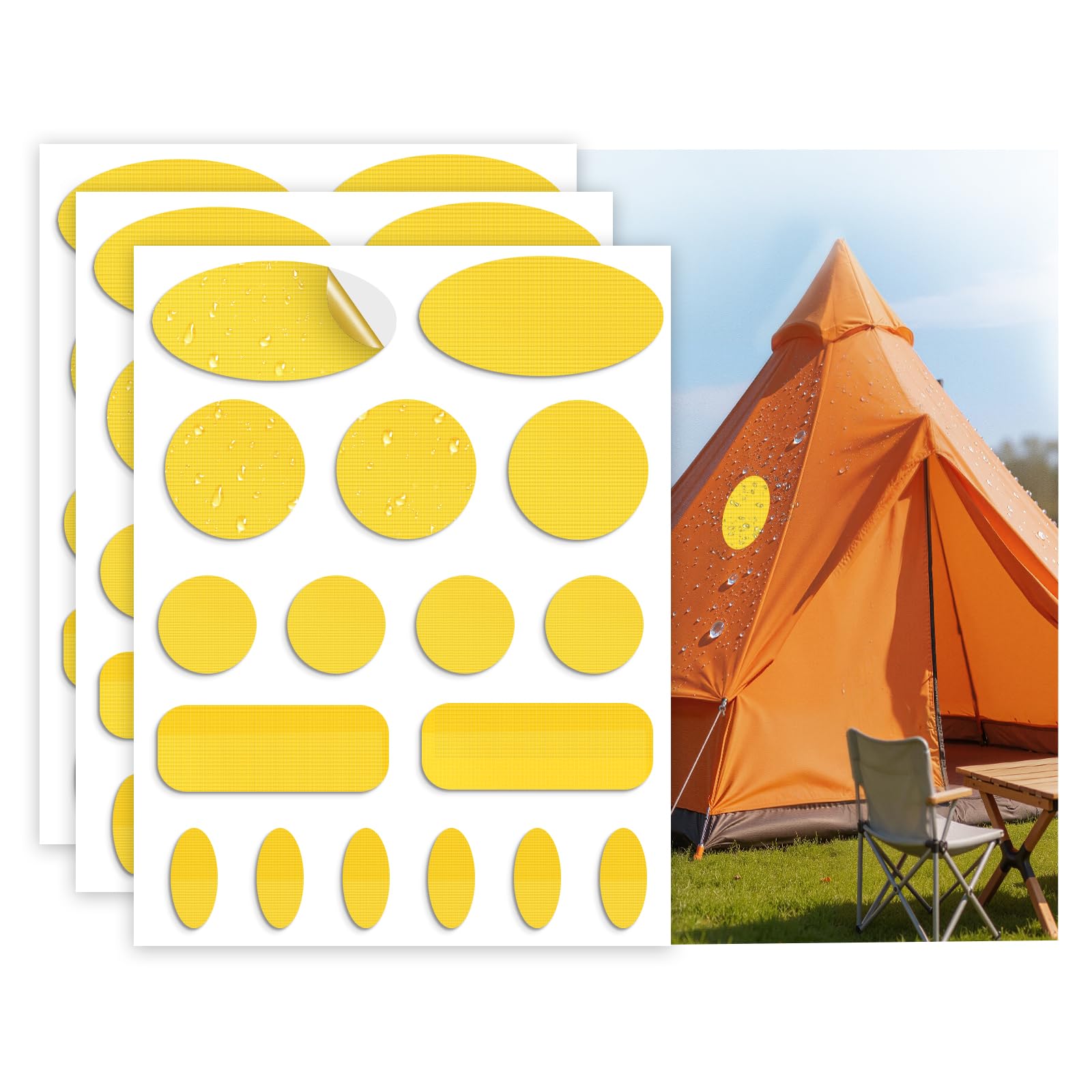 Waterproof Nylon Tent Repair Kit Patches – Outdoor Gear Ripstop Fix Fabric Repair Tape, Self-Adhesive Patches for Clothing, Down Jacket, Puffer Coat, Sleeping Bag, Backpack, 51PCS Yellow